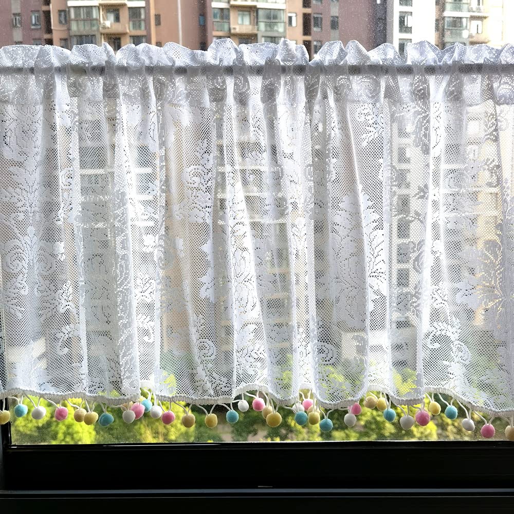 Gxi White Lace Kitchen Curtain Valance with Pom Pom Trim - Rod Pocket Sheer Voile Window Panel (1 Panel, 79