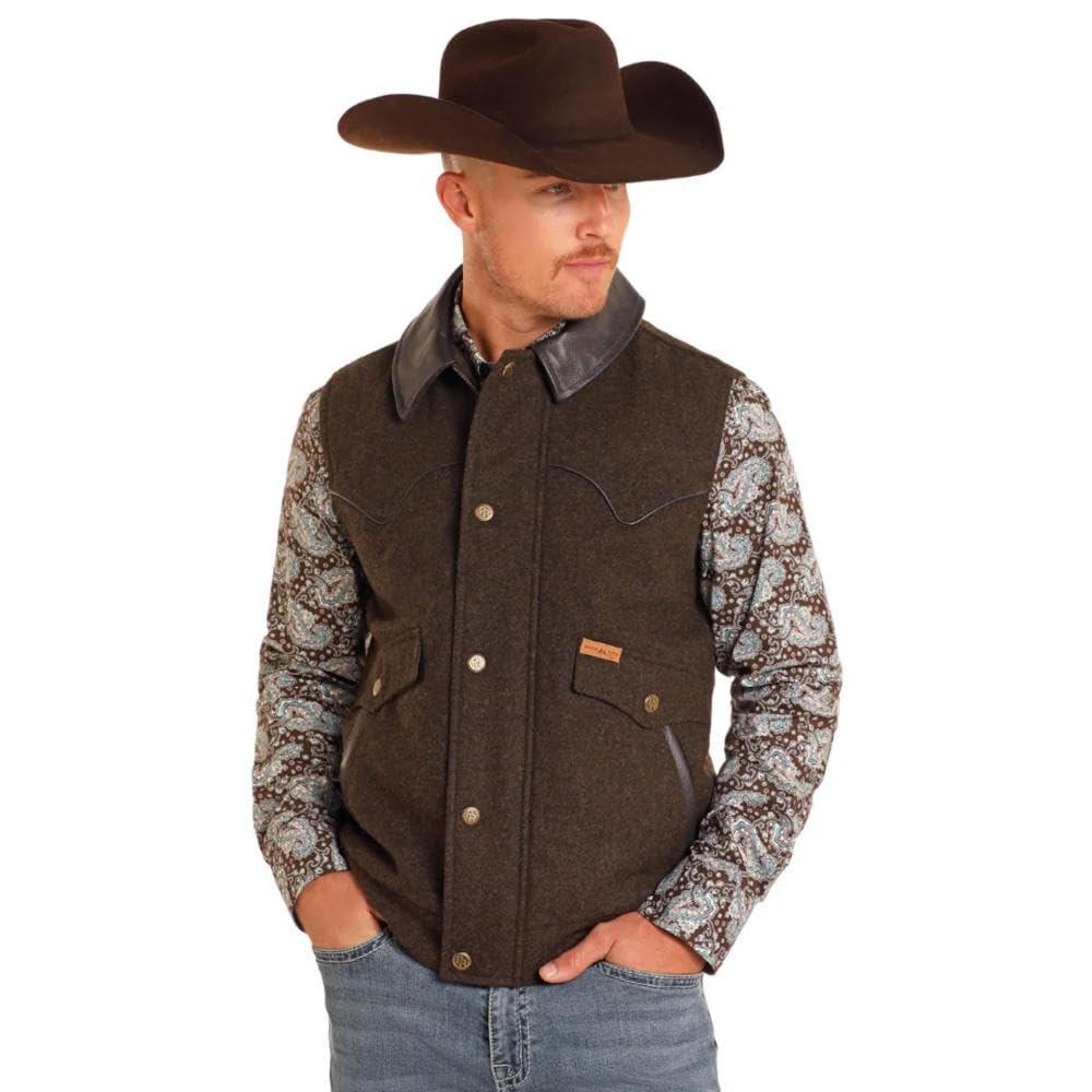 Powder River Outfitters Men's Brown Heathered Wool Vest with Distressed Leather Collar - Holbrook Style 98-5619 (Large) - Perfect for Outdoor Adventures, Hunting & Casual Wear