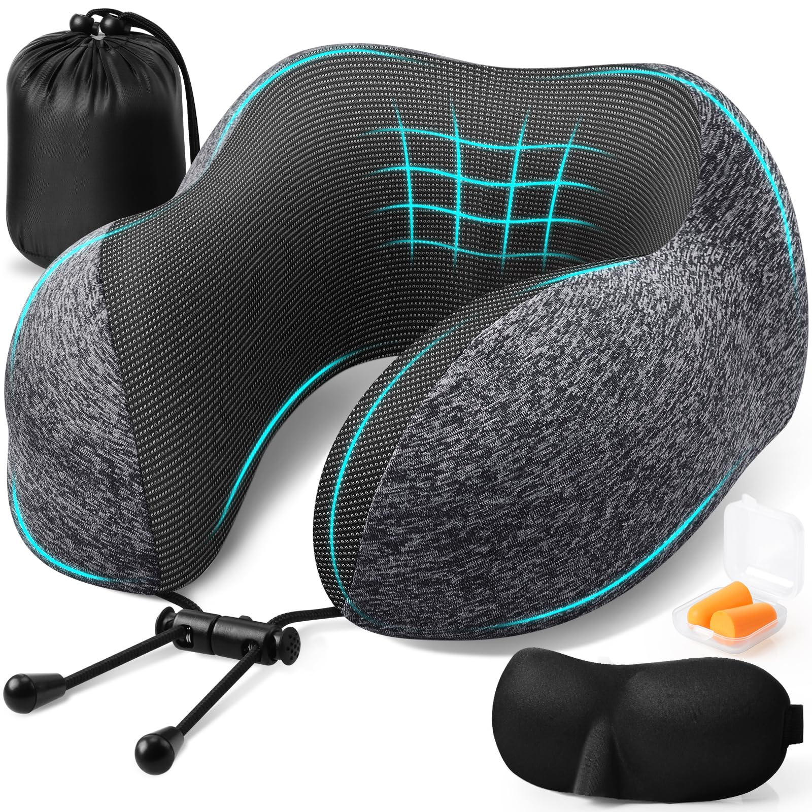 Memory Foam Travel Pillow for Airplane Sleeping - Adjustable Neck Support with Removable Cover, Includes Eye Mask, Earplugs & Storage Bag (Dark Grey) - Perfect for Long Flights, Road Trips and Office Naps
