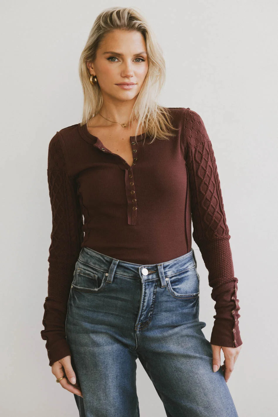 Naomi Cable Knit Sleeve Top - Red Brown Women's Sweater | Cozy Winter Pullover for Casual Outfits & Holiday Gatherings