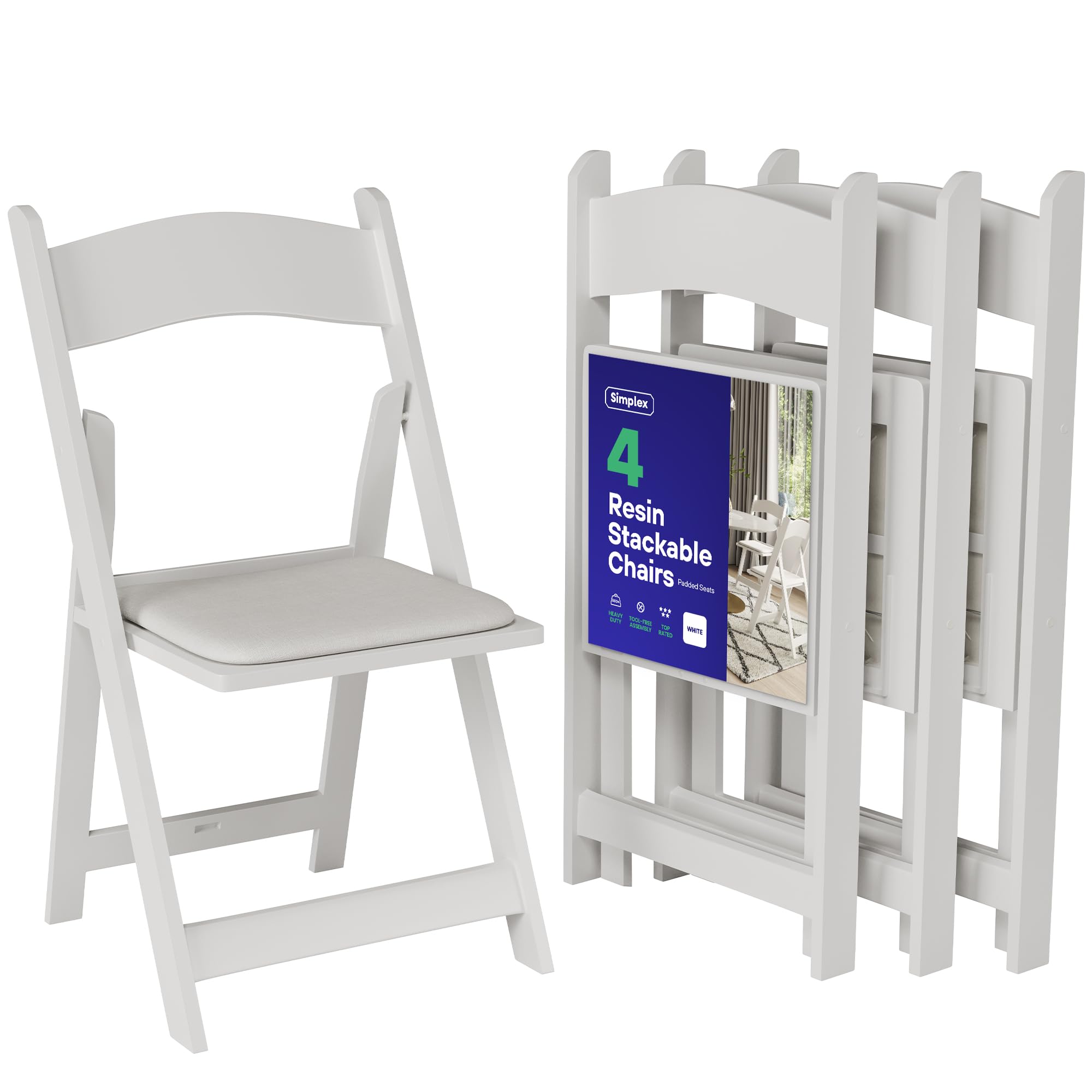 SIMPLEX 4-Pack White Resin Folding Chairs with Padded Seats - Comfortable Stackable Indoor Outdoor Chairs for Weddings, Parties, Picnics & Events - Lightweight Portable Foldable Chairs for Home, Garden, Camping & Patio Use