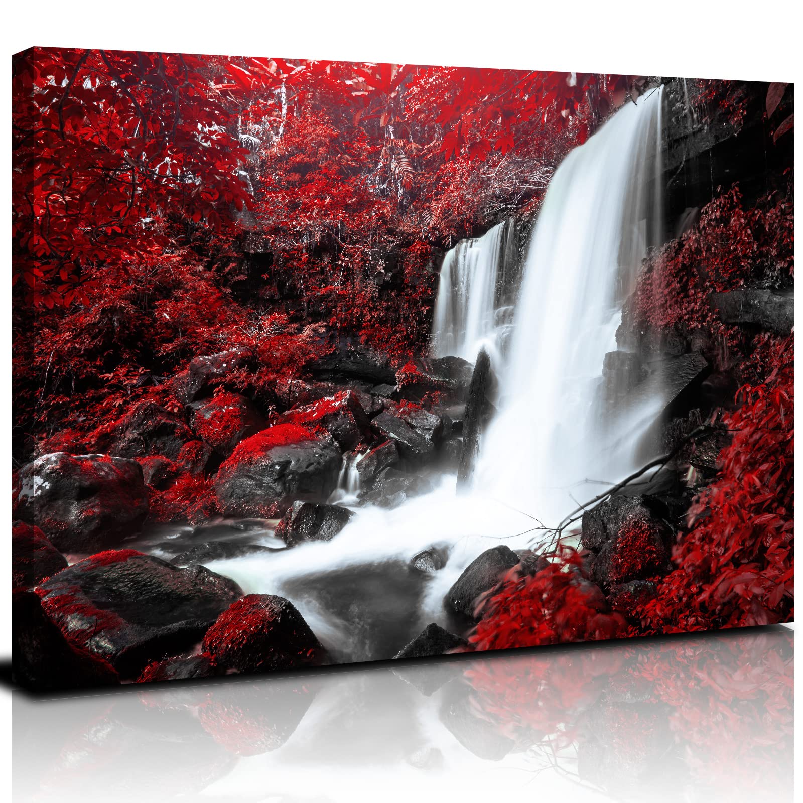 Nature Wall Art Waterfall Landscape Canvas Print - Red & Black Mountain Forest Scenic Painting for Bedroom, Bathroom, Living Room Decor - 16x24 Inch Tropical Trees Artwork | Perfect for Home, Office & Spa Relaxation Spaces