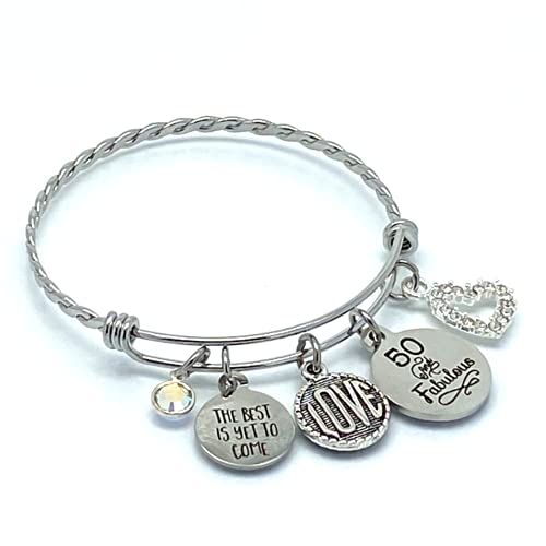 Jesse Janes Jewelry Handmade 50th Birthday Charm Bracelet for Women - 'The Best Is Yet To Come' Gift for 50 Year Old, Best Friend, or Fabulous Milestone Celebration - Perfect for Birthdays, Anniversaries & Special Occasions