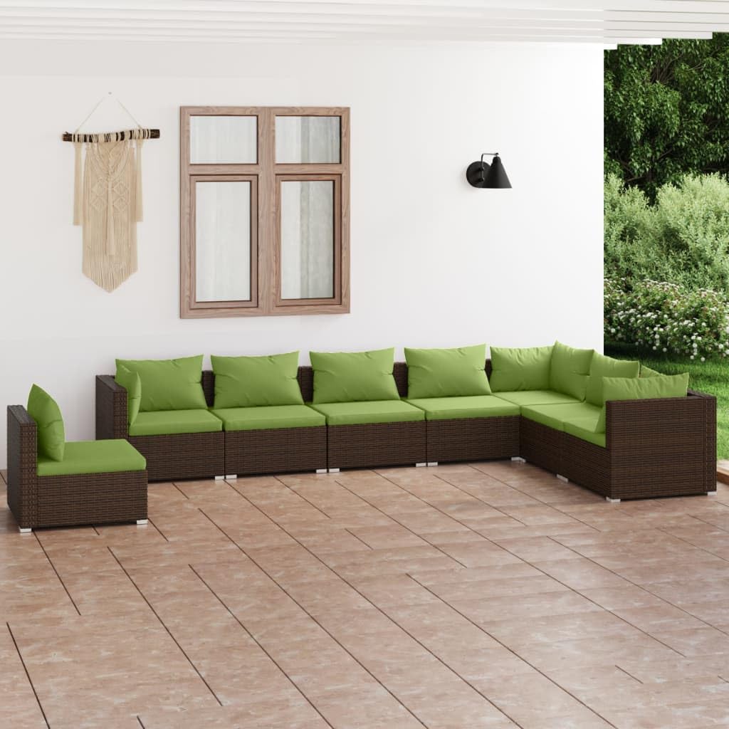 Premium 8-Piece Patio Lounge Set with Cushions - Outdoor PE Rattan Furniture - Durable & Easy-to-Clean Modular Design - Brown Wicker with Green Cushions - Perfect for Garden, Poolside & Backyard Relaxation