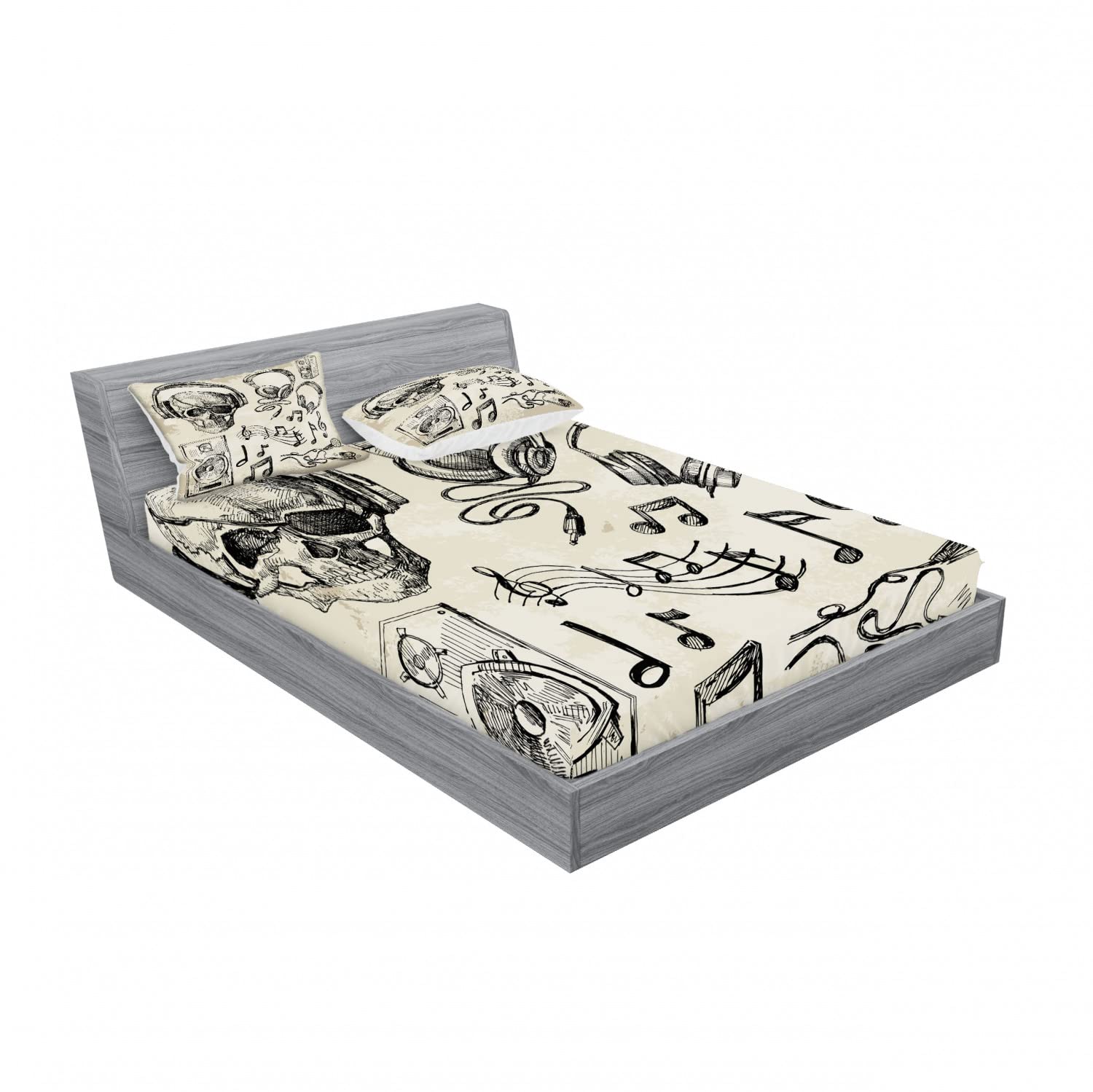 Ambesonne 2-Piece Queen Fitted Sheet Set with 4 Pillow Shams - Music Hipster Skull Print Bedding in Beige & Black | Soft Stretch Jersey Fabric for Cozy Bedroom Decor, Dorm Room Essentials, Gift for Music Lovers
