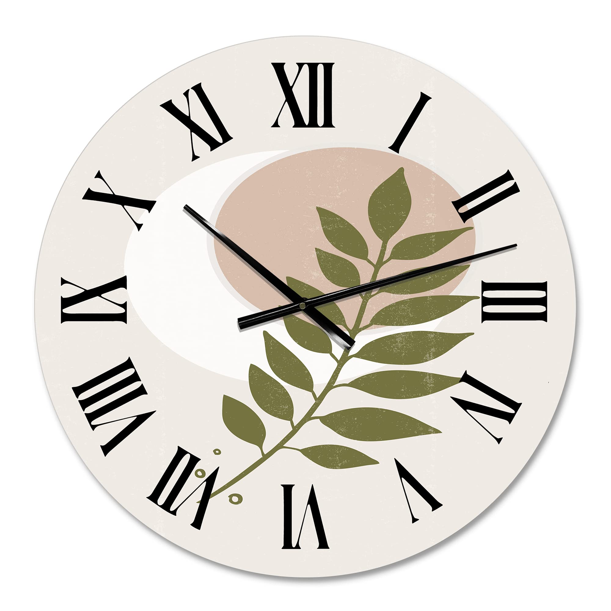DesignQ Modern Wall Clock - Abstract Geometric Moon with Leaf IV - Large Floral Botanical Wall Art for Bedroom, Living Room, Office Decor | Silent Non-Ticking Home & Office Clock