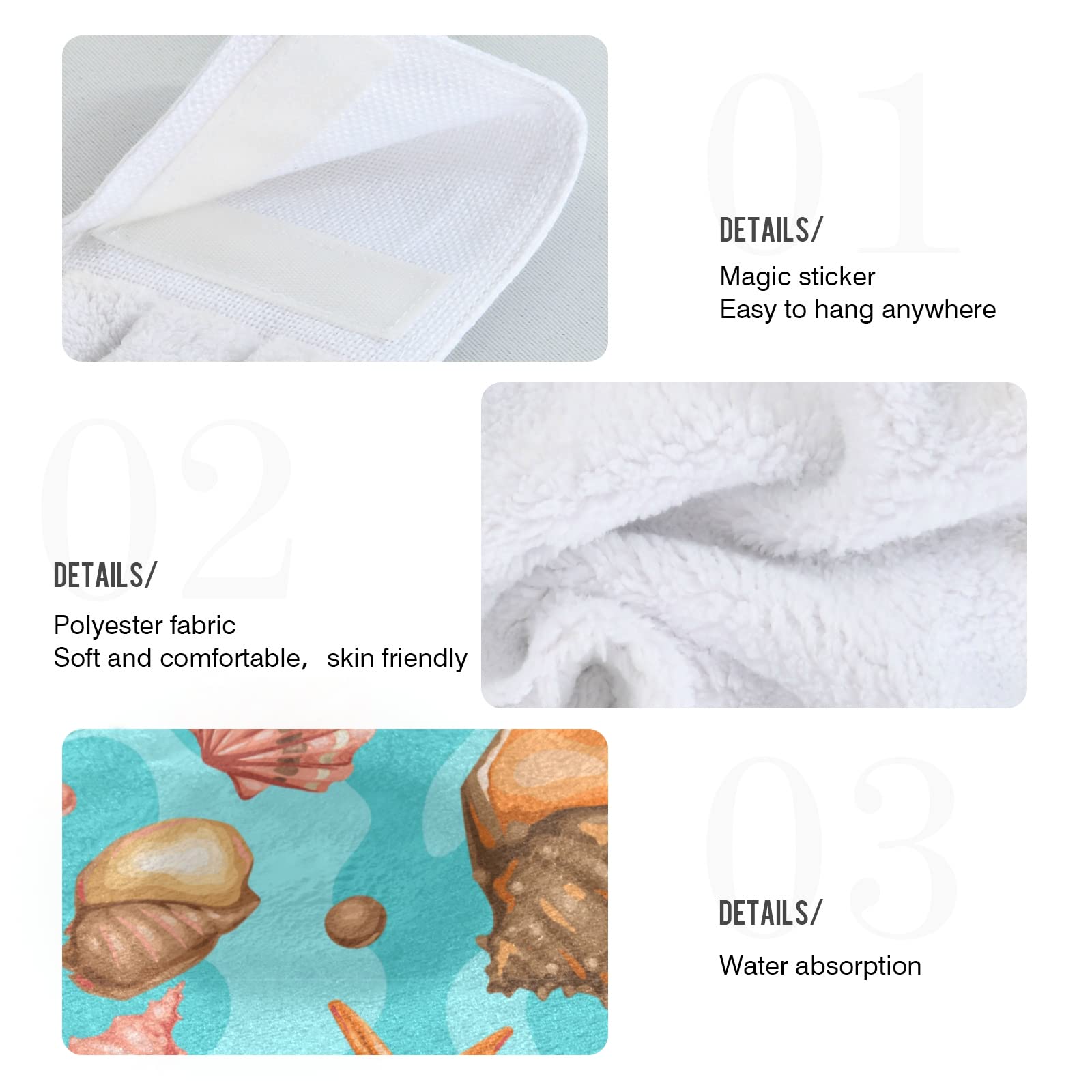 Boccsty Summer Seashell Starfish Hand Bath Towels 2 Pack - Absorbent Kitchen Towels, Hanging Washcloths & Face Towels for Home, Bathroom, Farmhouse Decor - Perfect for Beach House, Coastal Theme, and Vacation Rentals