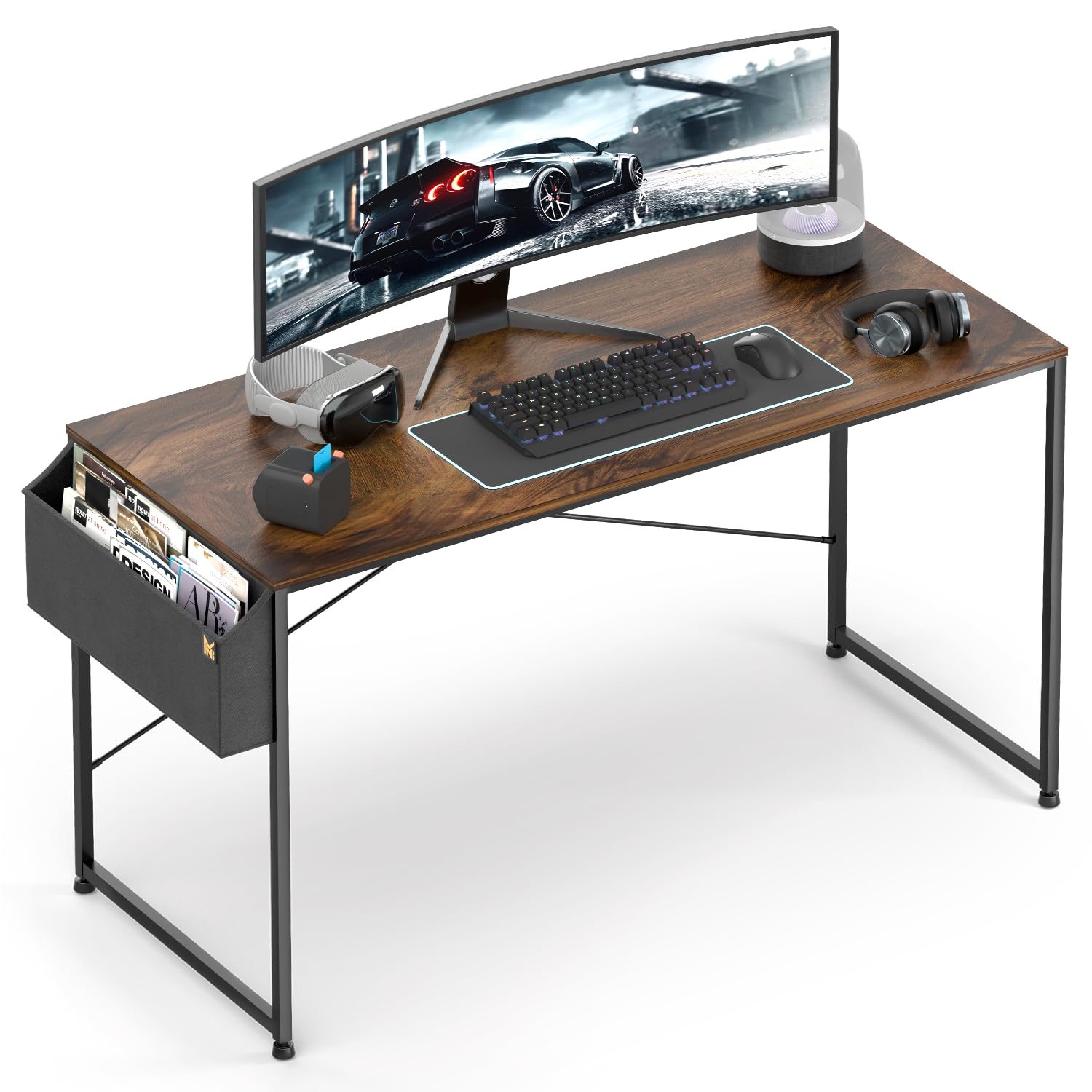 MoNiBloom 55 Inch Home Office Gaming Desk with Storage Bag - Rustic Brown Computer Study Table for Work, Gaming & Online Learning | Perfect for Small Spaces & Dorm Rooms