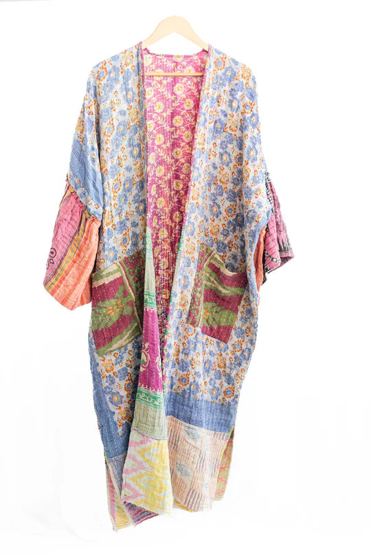Reversible Kantha Kaftan - Long Boho Kimono Robe for Women | Lightweight Cotton Lounge Dress for Beach Cover Up, Yoga, Meditation & Relaxation at Home