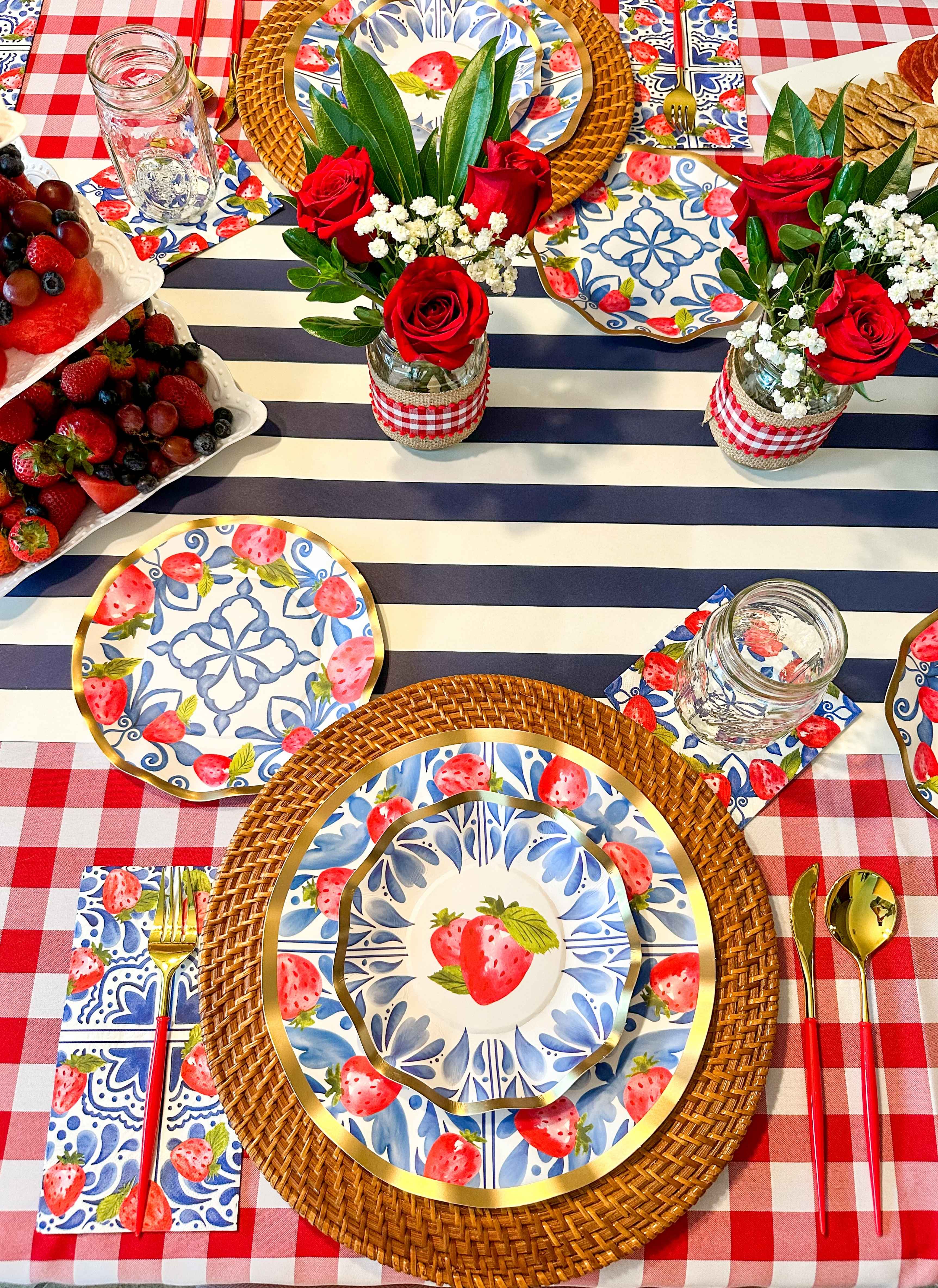 Blue Strawberries Wavy Dinner Plates - Set of 8 | Elegant Tableware for Dining, Parties & Home Decor