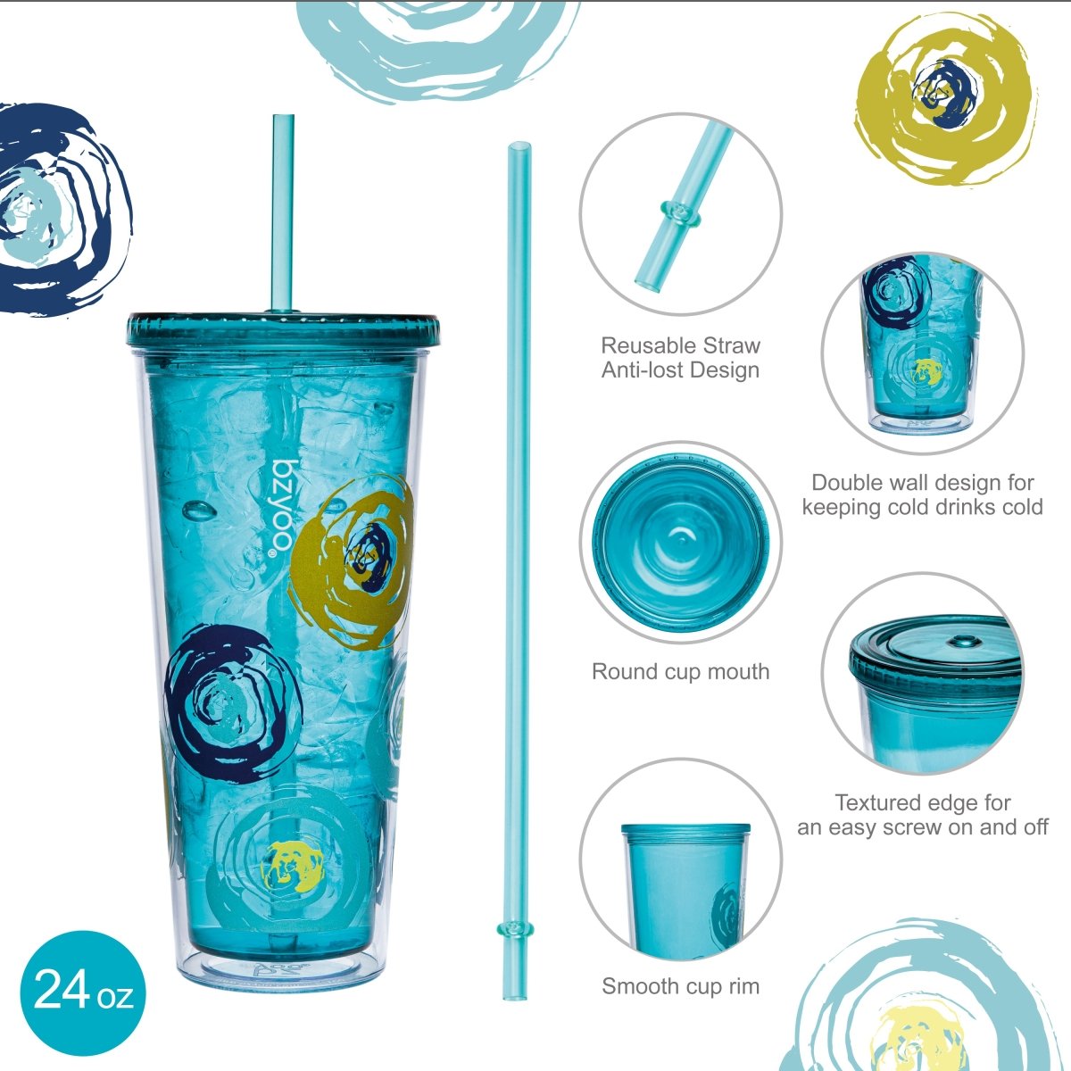 24oz Double Wall Insulated Plastic Tumbler with Lid and Straw - Cyclone Green | BPA-Free Leakproof Travel Mug for Coffee, Tea & Cold Drinks | Perfect for Office, Gym, Commuting & Outdoor Activities