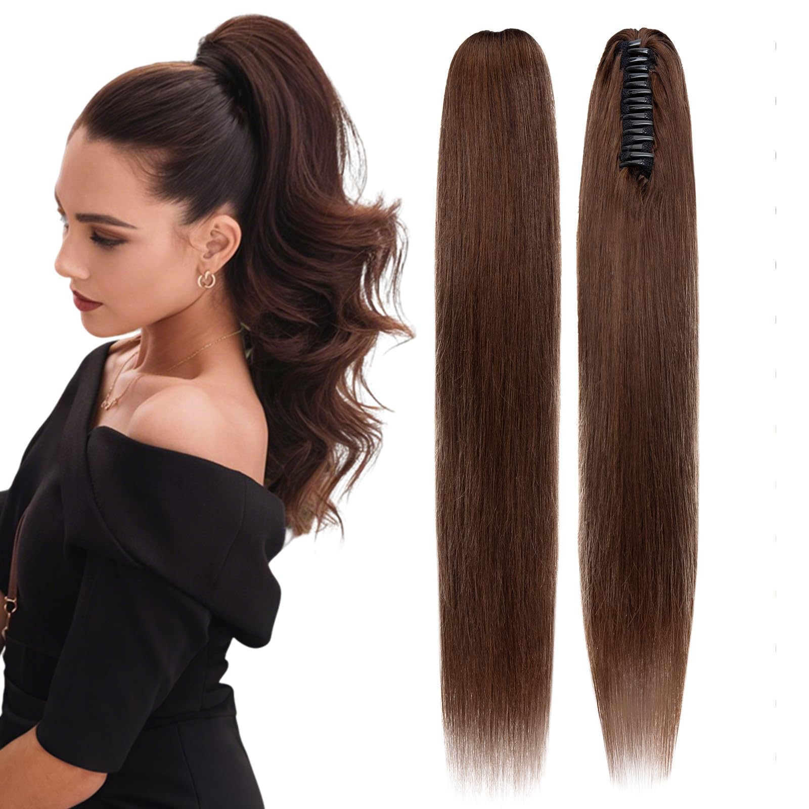 Rich Choices 20 Inch Clip-In Ponytail Hair Extensions - 120g Human Hair, Balayage Medium Brown (#4) | Straight & Natural Look for Women | Perfect for Parties, Weddings & Daily Styling