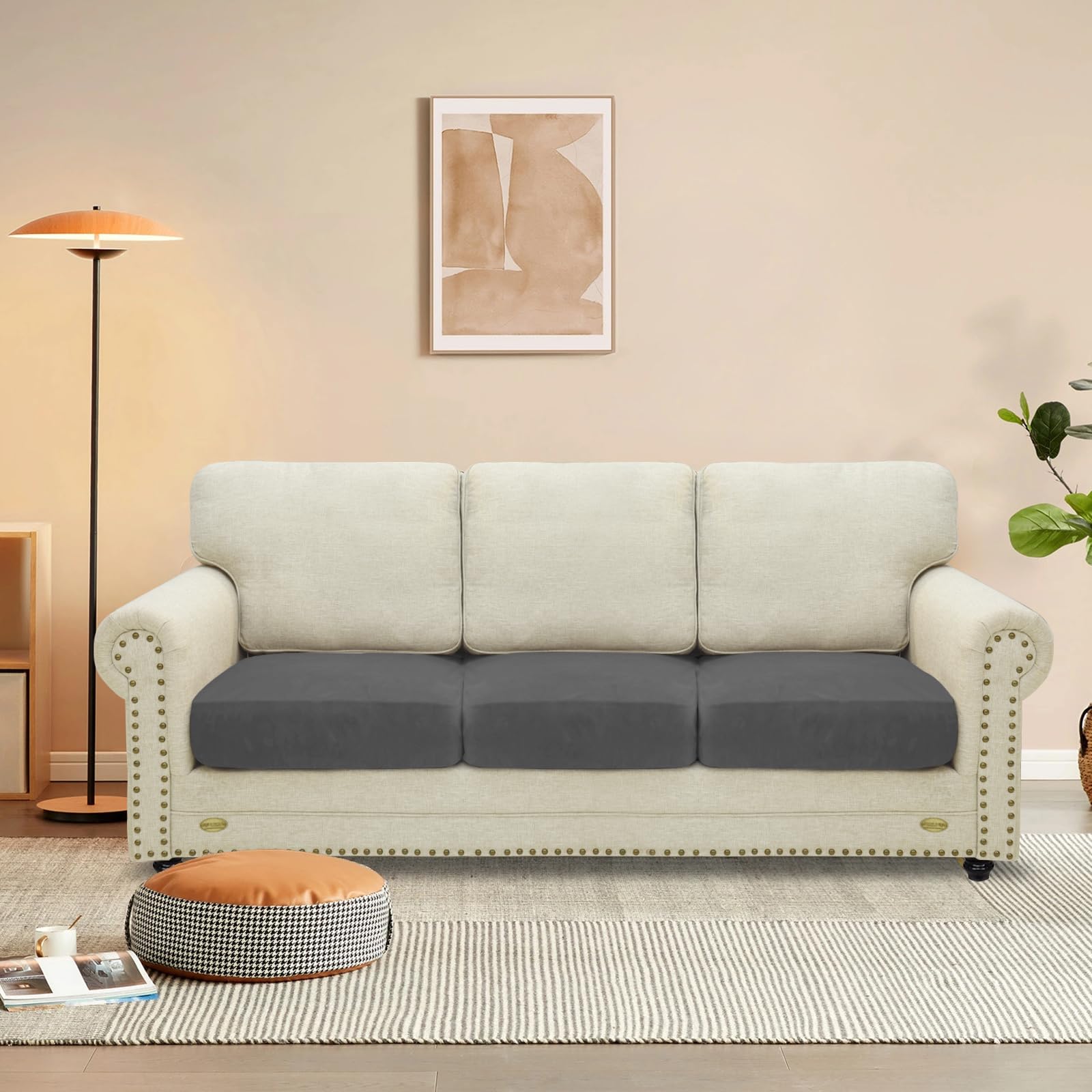 Premium Velvet Stretch Cushion Covers - 3-Piece Set for Sofa & Couch with Elastic Bottom (Gray) - Soft & Durable Slipcovers for Individual Cushions - Perfect for Living Room Decor, Home Styling & Furniture Protection