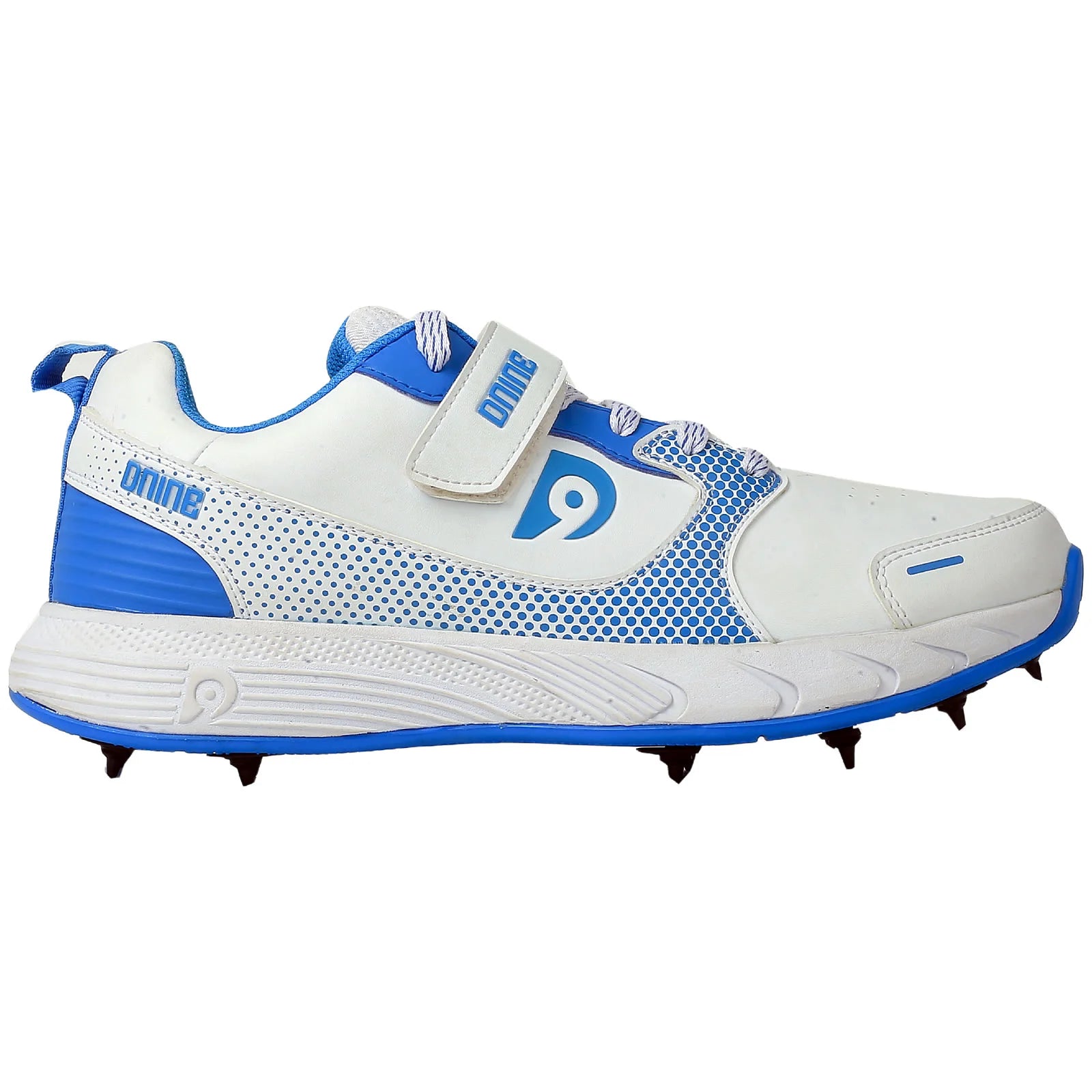 DNINE Polyurethane (PU) Force Blue/White Cricket Metal Spike Shoes - Lightweight Performance Footwear for Cricket Players & Sports Enthusiasts - Perfect for Professional Matches & Outdoor Training