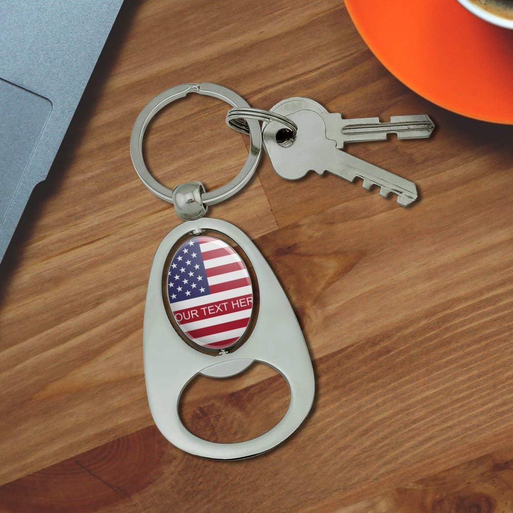Custom USA Flag Personalized Chrome Metal Spinning Oval Keychain Bottle Opener - American Patriotic Gift for Men, Women, Camping, Tailgating & Home Decor