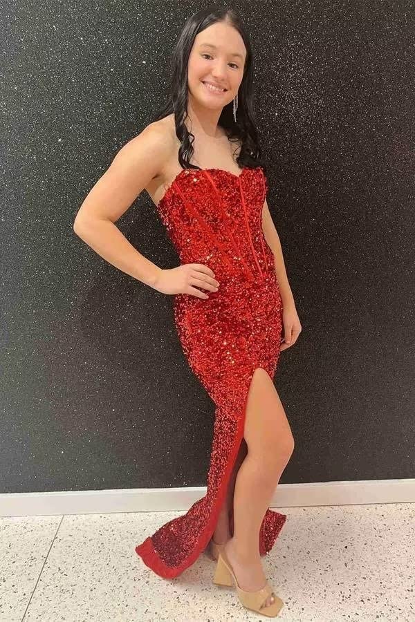 Strapless Corset Sequin Prom Dress - Long Sparkly Mermaid Gown with High Slit for Women | Elegant Evening Party, Formal Dance, Homecoming, Red Carpet & Special Occasions