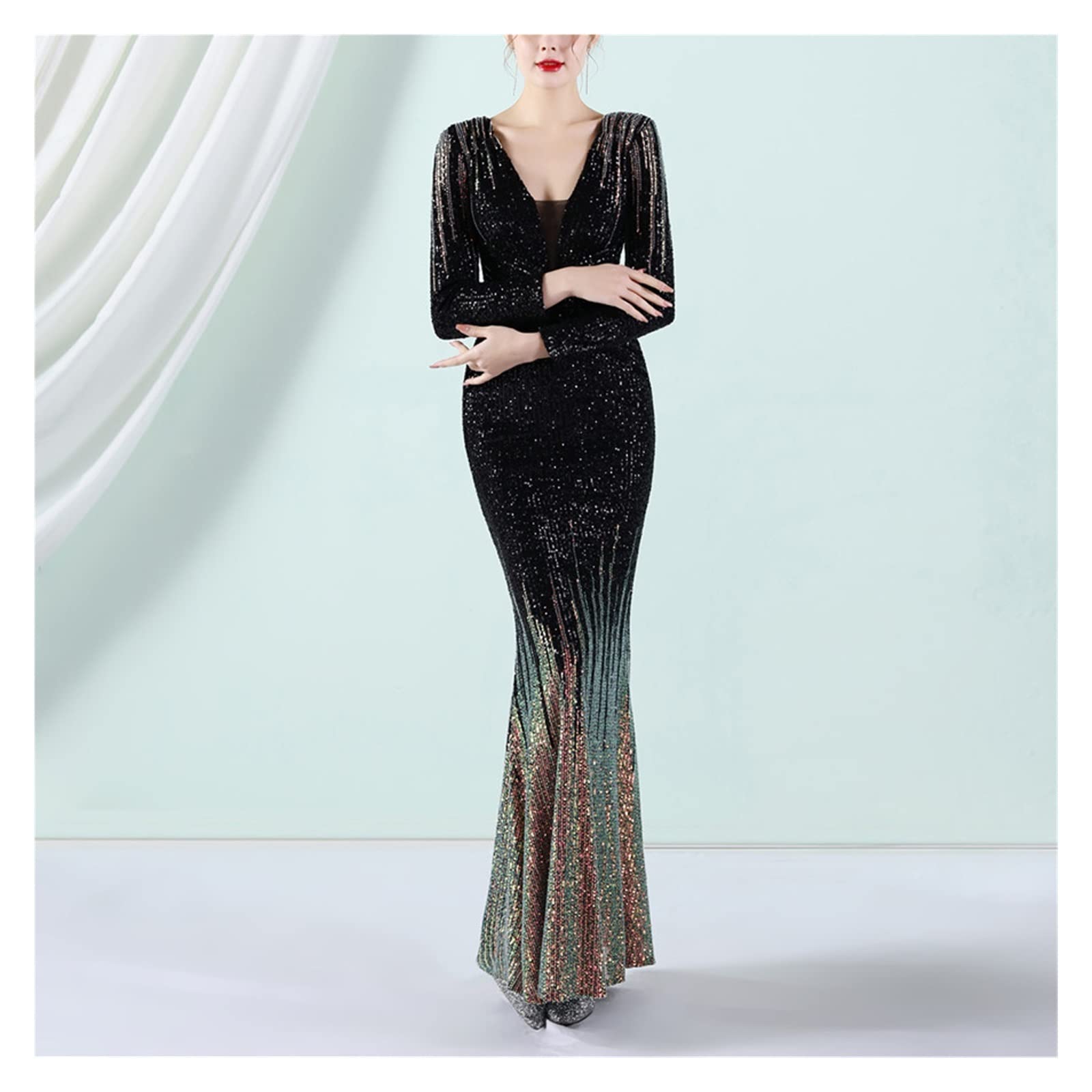 Gradient Sequin Long Sleeve Evening Dress for Women - Elegant Toast Dress for Spring & Summer Parties, Weddings, Prom - Color A, Size Scode | Perfect for Cocktail Events, Date Nights & Special Occasions