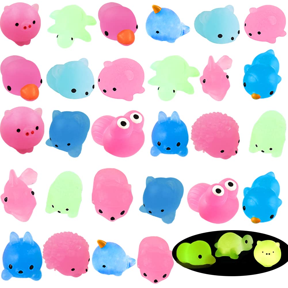 28-Pack Glow Dark Mochi Squishies - Stress Relief Toys for Kids & Adults - Perfect for Valentine, Easter & Christmas Gifts