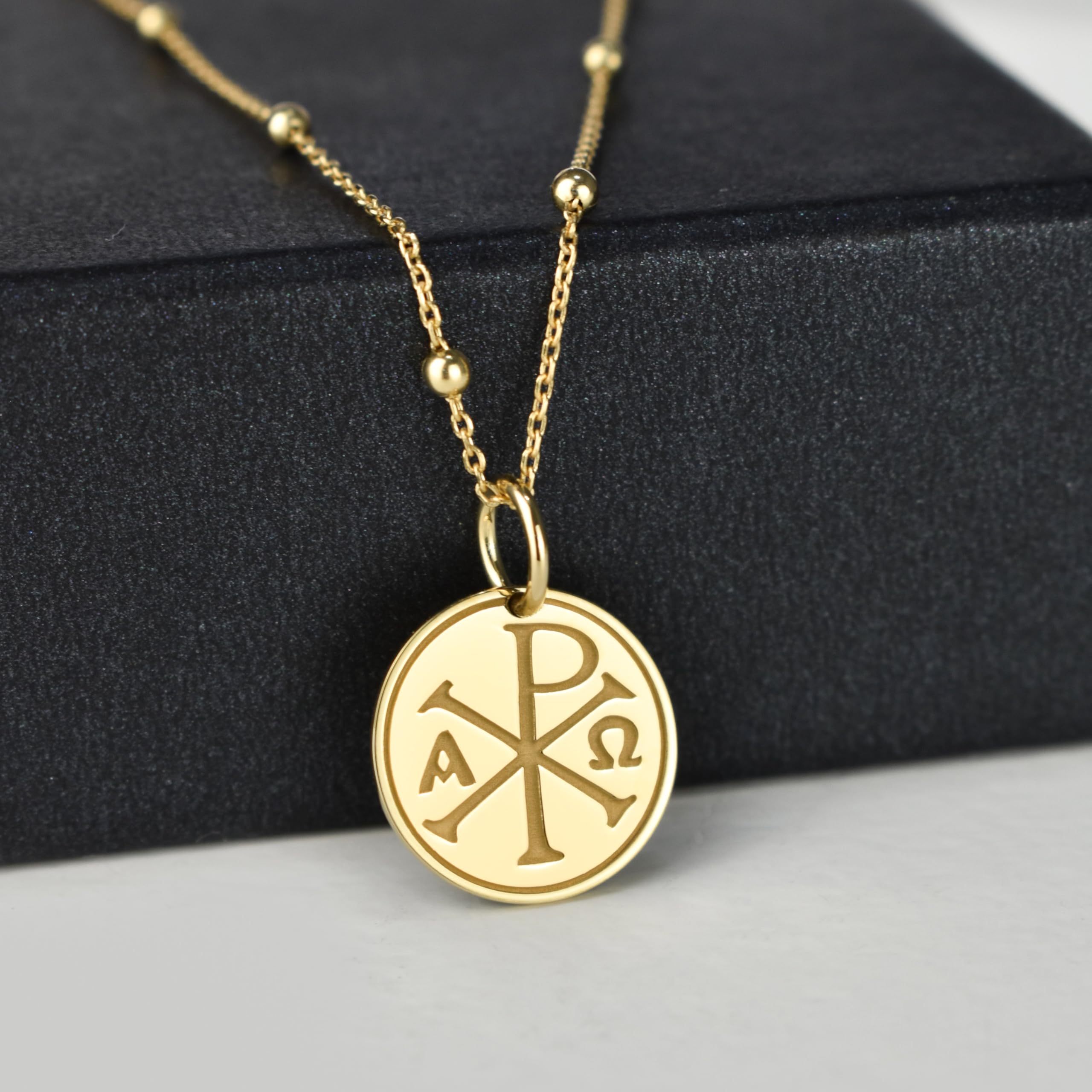14K Gold Chi Rho Necklace - Personalized Christian Pendant with Greek Orthodox Cross Coin | Religious Jewelry for Baptism Gift & Spiritual Protection | Perfect for Church, Weddings, and Faith-Based Occasions