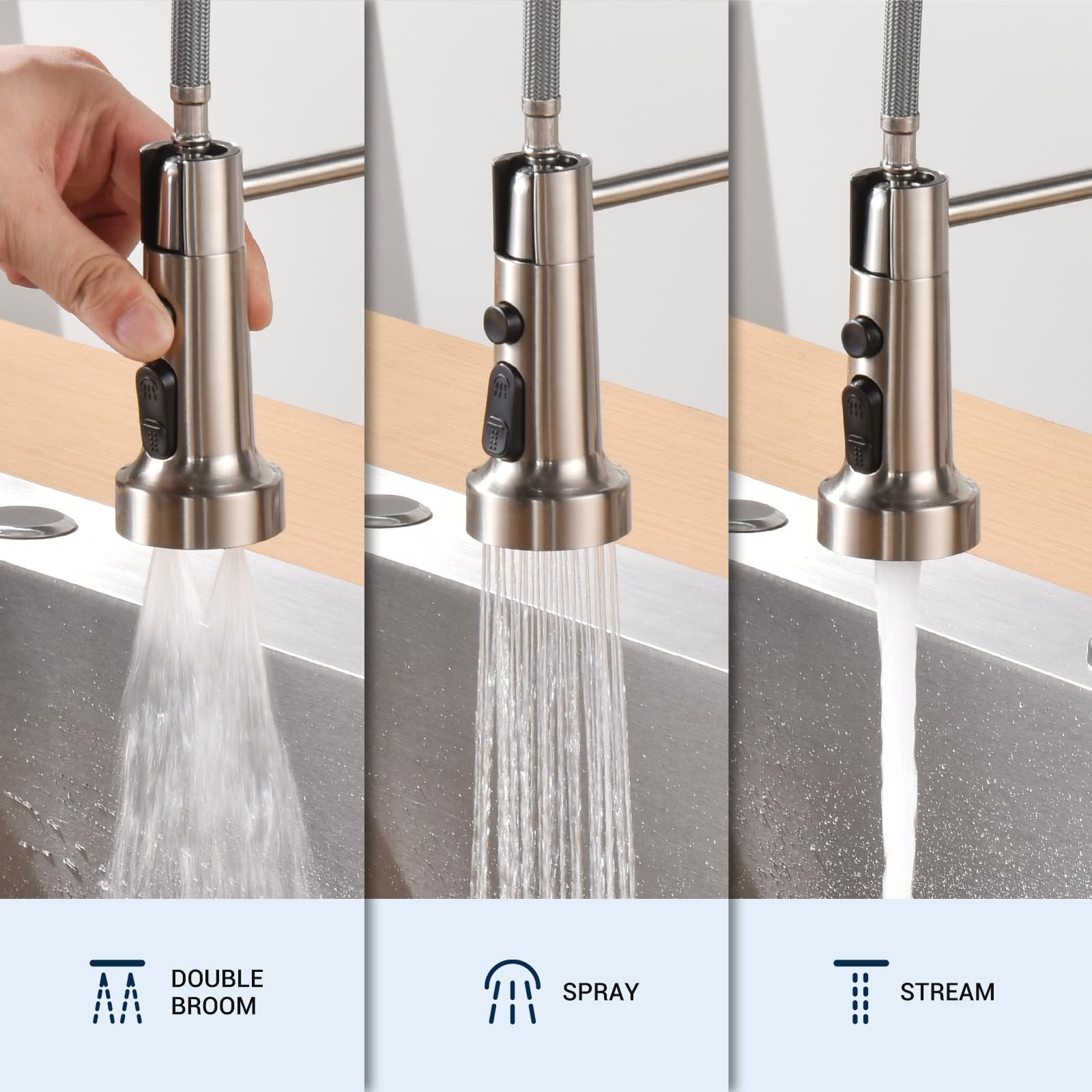 BLYLUND Commercial Stainless Steel Kitchen Faucet with Pull Down Sprayer, Spring Design, Triple Function Sprayer, Brushed Nickel Modern Sink Tap for Home & Restaurant Use