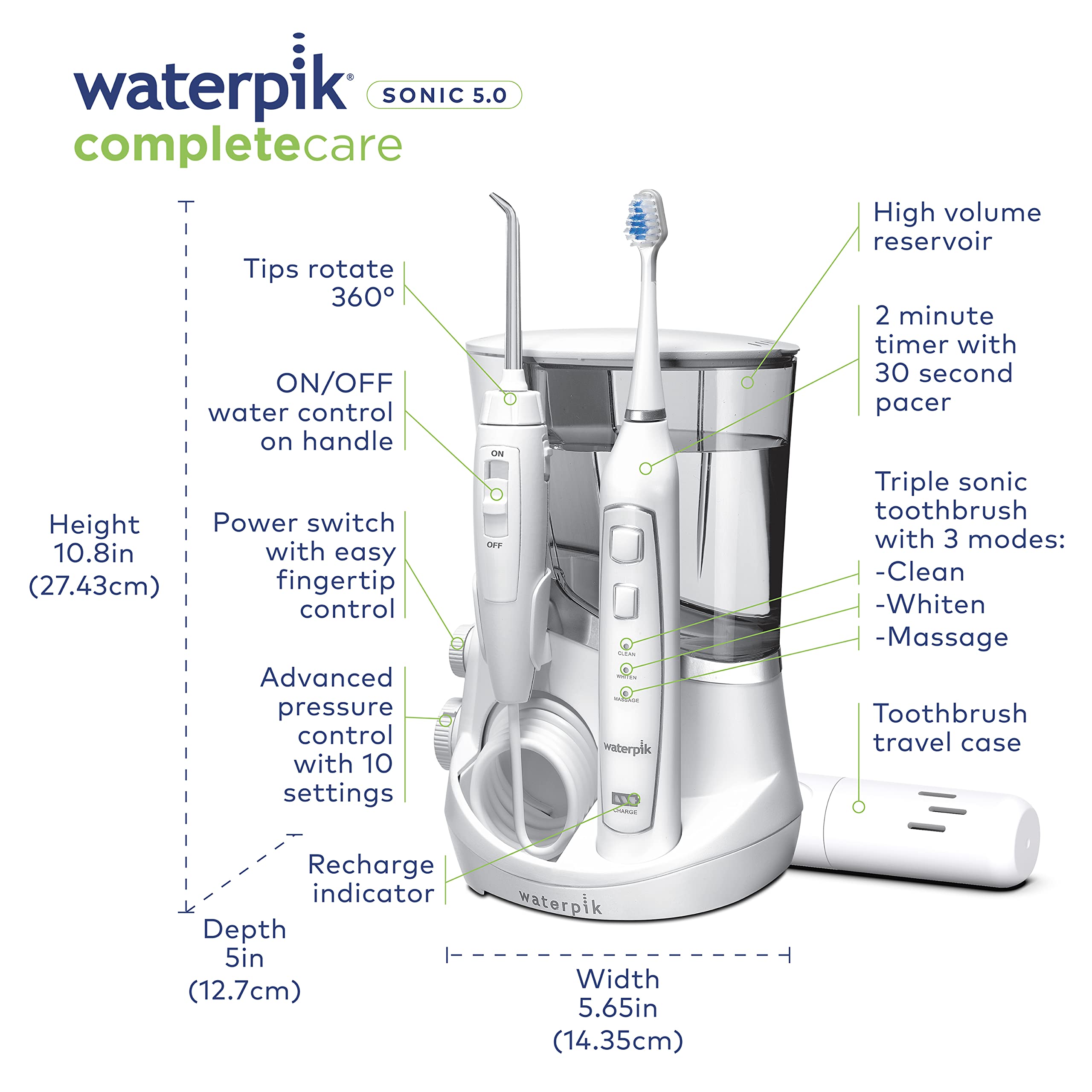 Waterpik Complete Care 5.0 Water Flosser & Sonic Electric Toothbrush Set - Professional Dental Care for Teeth Cleaning, Whitening and Gum Health (White, WP-861) - Perfect for Home Oral Hygiene Routine and Travel