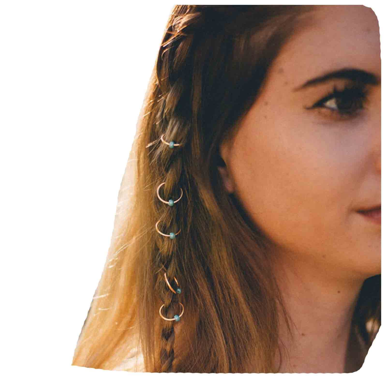 Boho Tribal Turquoise Circle Hair Rings Set - Gold & Turquoise Dreadlock Braid Loops, Hair Jewelry Accessories for Women & Girls - Perfect for Festivals, Weddings, and Everyday Boho Style
