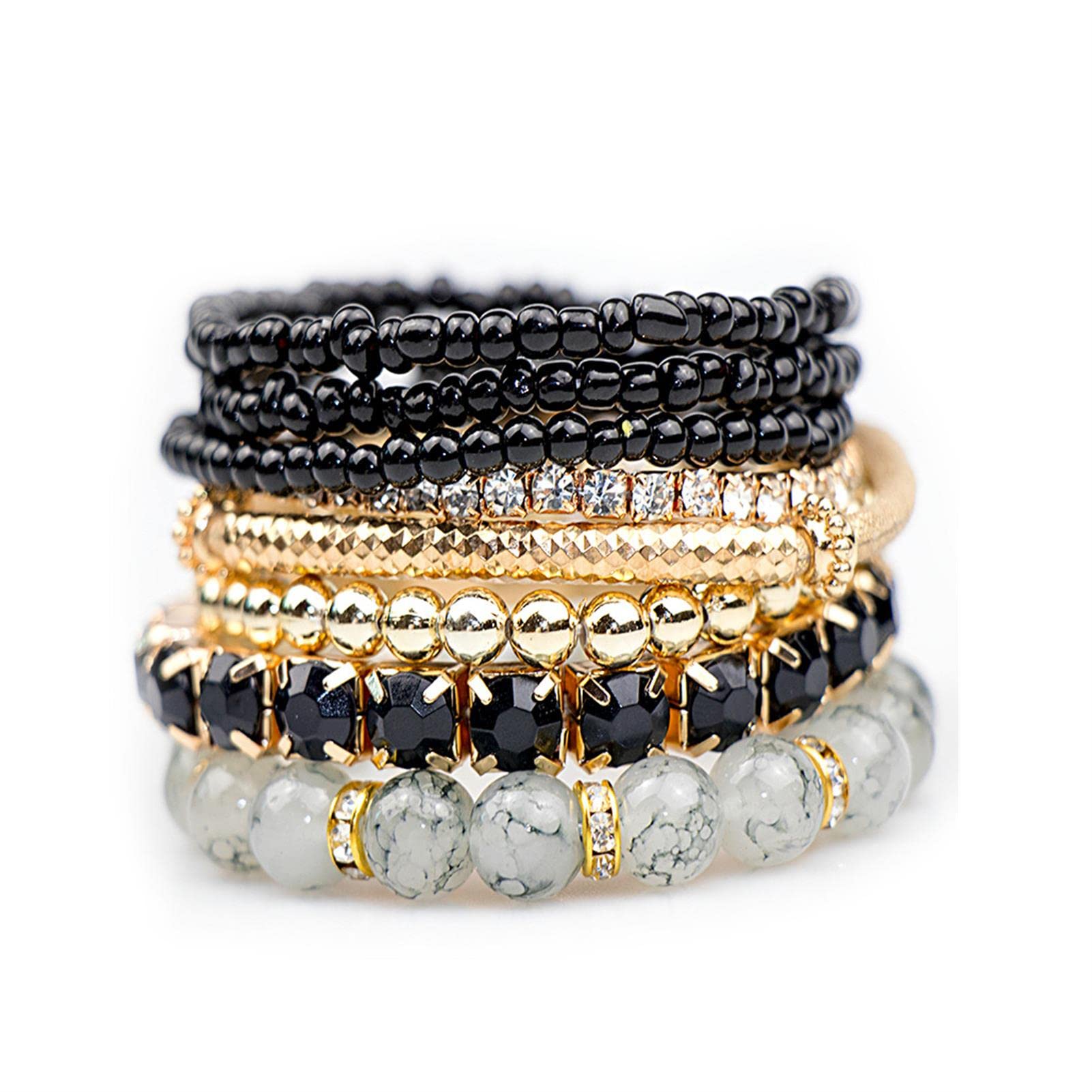Kicomvi Bohemian Stretch Beaded Bracelets for Women - Stackable Crystal Beads Elastic Bracelet Set in Multicolor (Turquoise, Gold) - Perfect for Layering, Festival, Beach & Everyday Jewelry