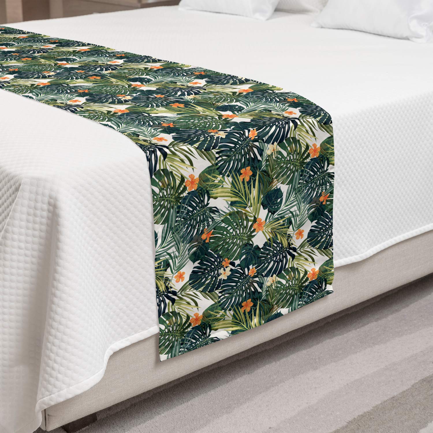 Ambesonne Hawaii Tropical Bed Runner - Colorful Palm Tree & Botanical Print Decorative Bed Scarf for Hotels, Homes & Guest Rooms in Jade & Fern Green | Perfect for Beach House Decor, Tropical Bedroom Accent & Vacation Rental Styling
