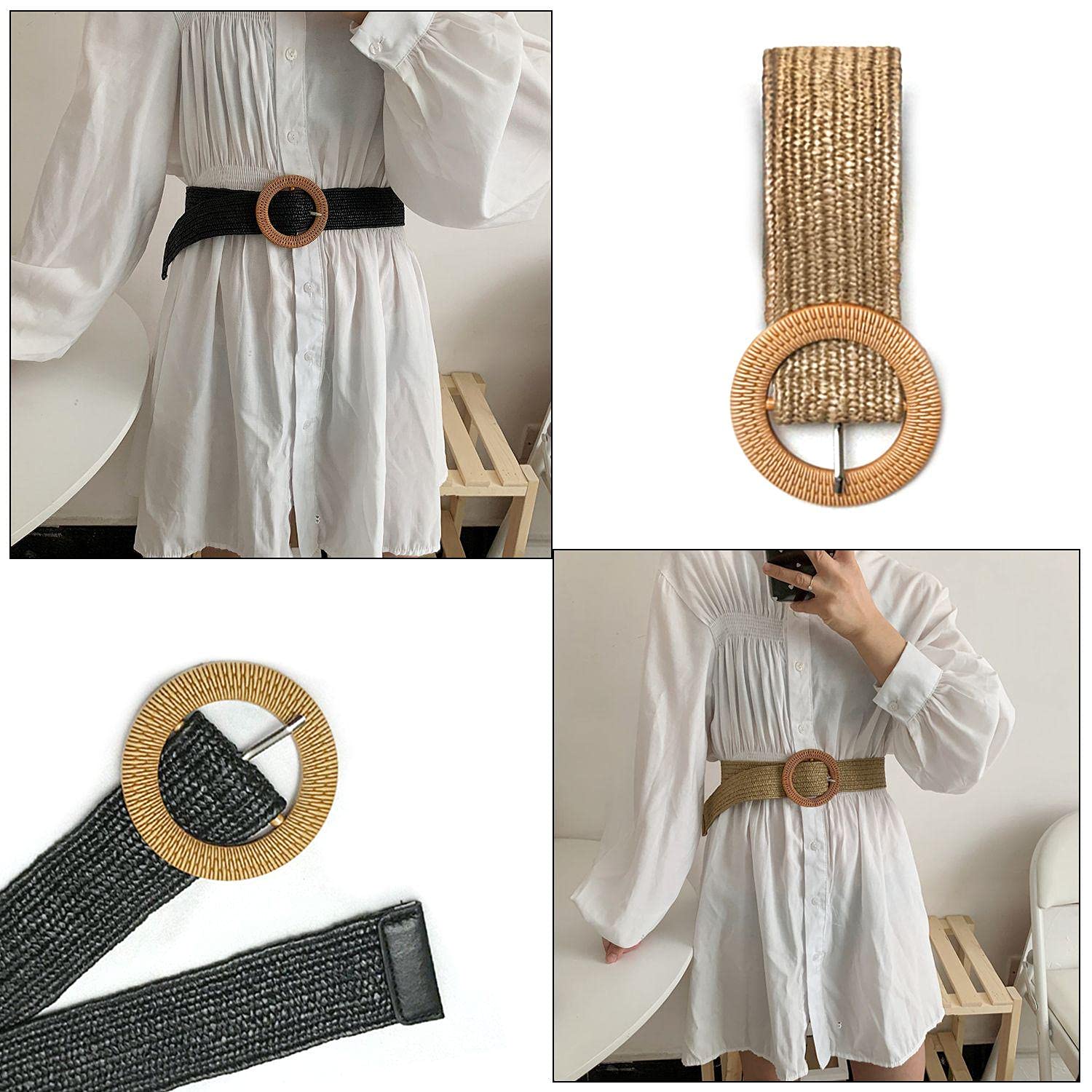 2 Pack Knitted Straw Elastic Belts for Women - Adjustable Waist Belt for Dresses, Jeans & Sweaters - Black & Khaki - Perfect for Casual Outfits, Office Wear & Summer Fashion