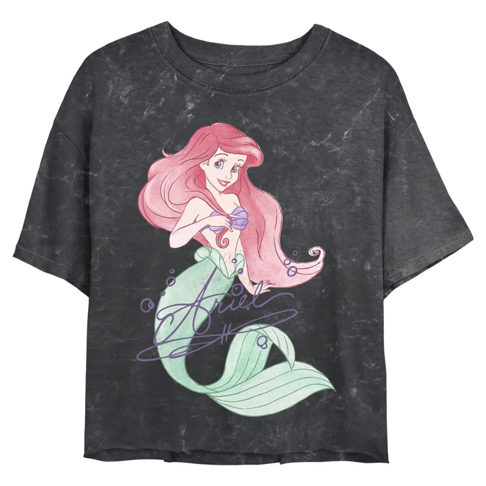 Disney Princess Signed Ariel Women's Mineral Wash Short Sleeve Crop Tee - Casual Summer Top for Theme Parks, Beach Outings & Disney Fan Merchandise Collection