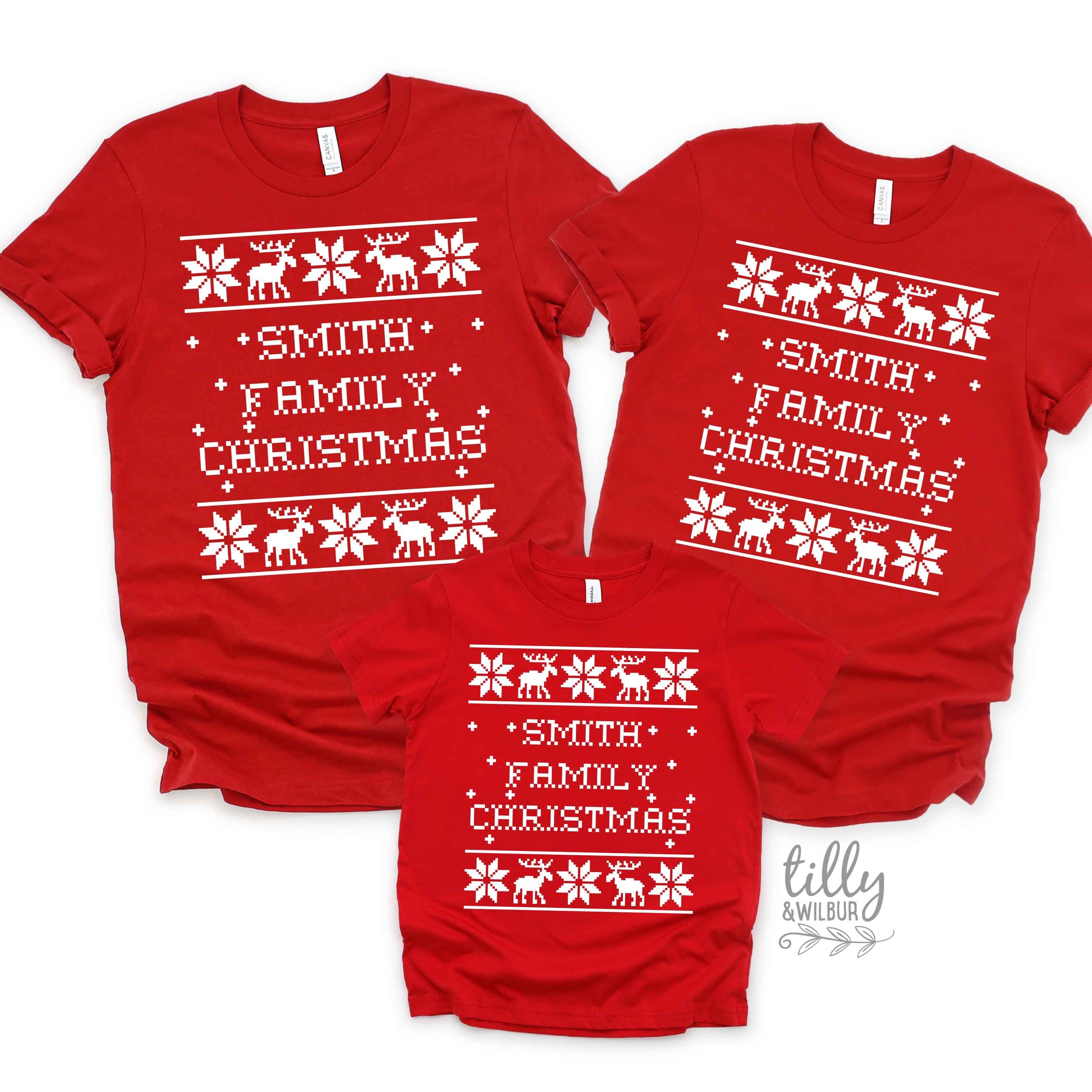 Custom Family Christmas T-Shirts with Surname - Personalized Holiday Matching Outfits for Family Photos & Festive Gatherings