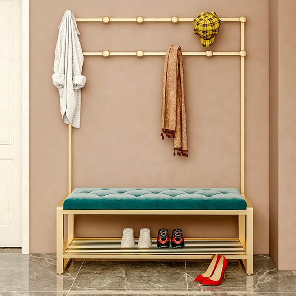 3-in-1 Hall Tree Coat Rack with Shoe Bench & Storage Shelf - Heavy Duty MDF Entryway Organizer with Metal Frame & Hooks - Gold Green (100x47x160cm) - Perfect for Hallway, Bedroom, Dorm & Small Space Organization