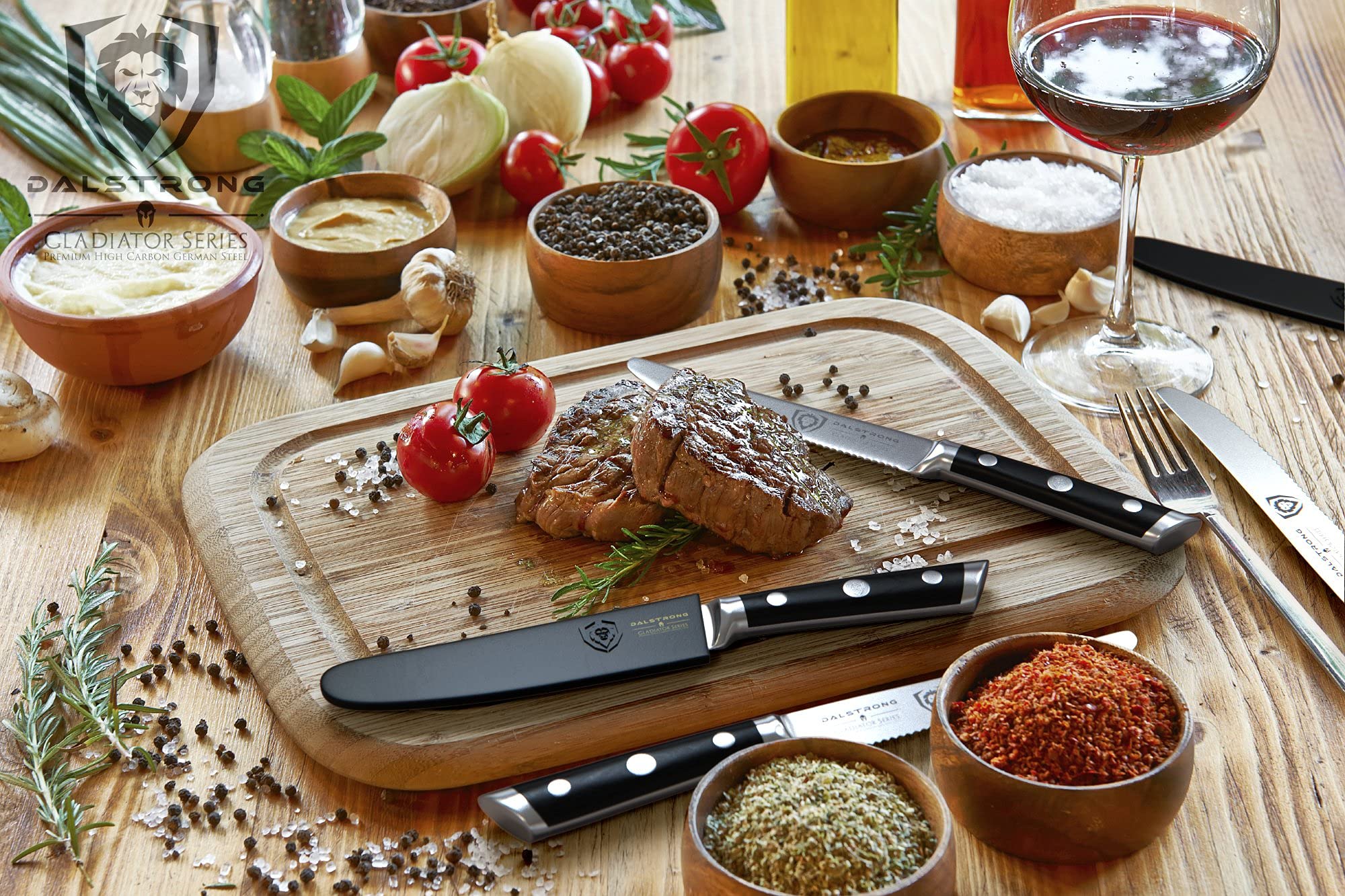 Dalstrong Gladiator Series Elite 4-Piece Steak Knives Set - Serrated German High-Carbon Steel Blades - Razor Sharp & NSF Certified - Perfect for Steak Dinners, BBQ Parties & Fine Dining Experiences