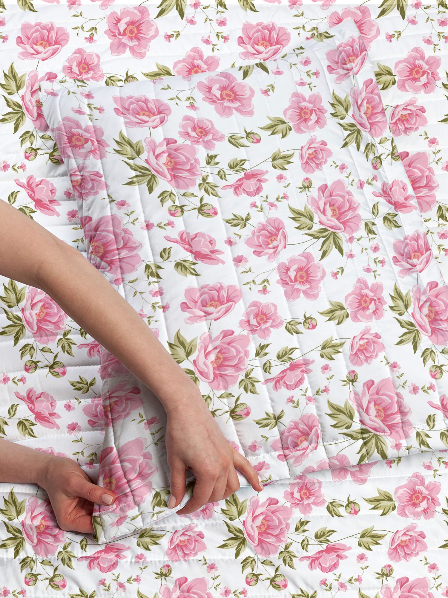 Lunarable Peonies Microfiber Bedspread Set - Queen Size Soft Bedding with Pillow Shams & Comforter in Olive Green Pink White | Shabby Chic Floral Design with Cherry Blossom Twigs | Perfect for Romantic Bedroom Decor, Summer Home Refresh & Cozy Nights