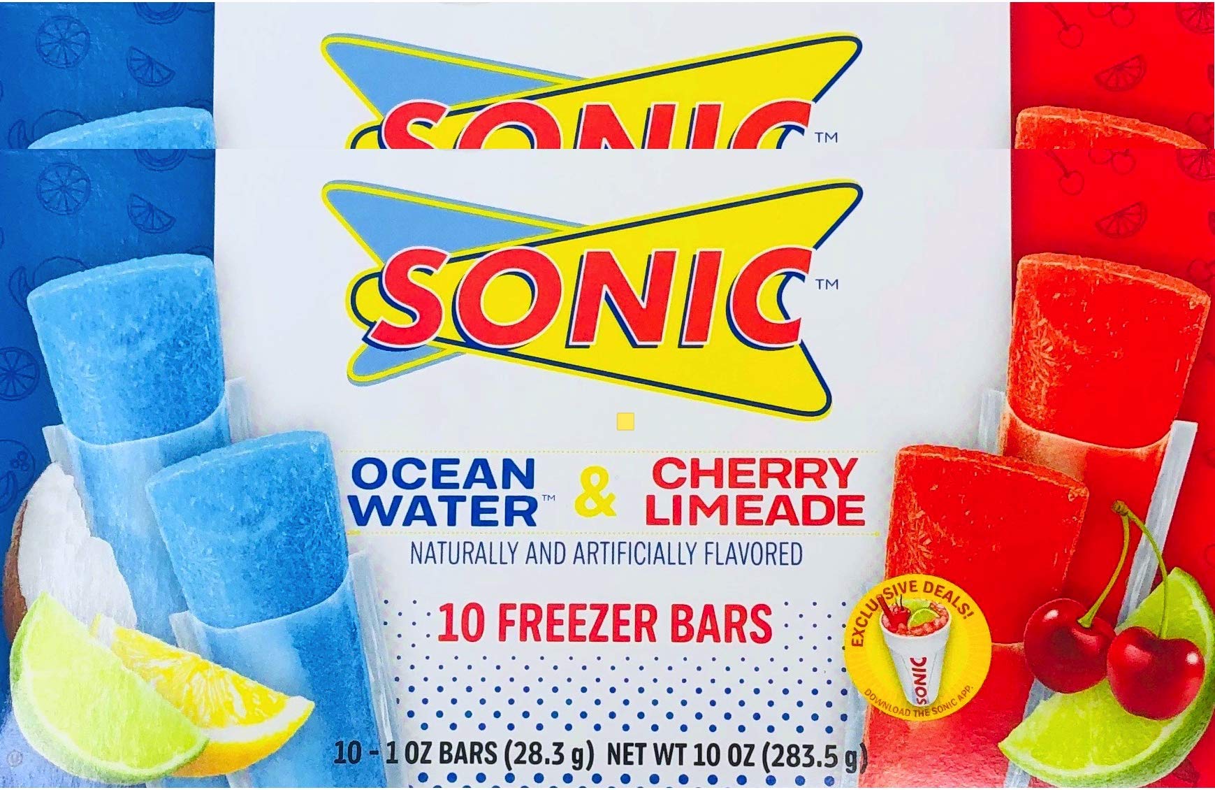 Sonic Freezer Bars - Ocean Water & Cherry Limeade Flavors - 10 Pack (2 x 1 oz Bars) - Perfect for Summer Parties, BBQs & Beach Snacks