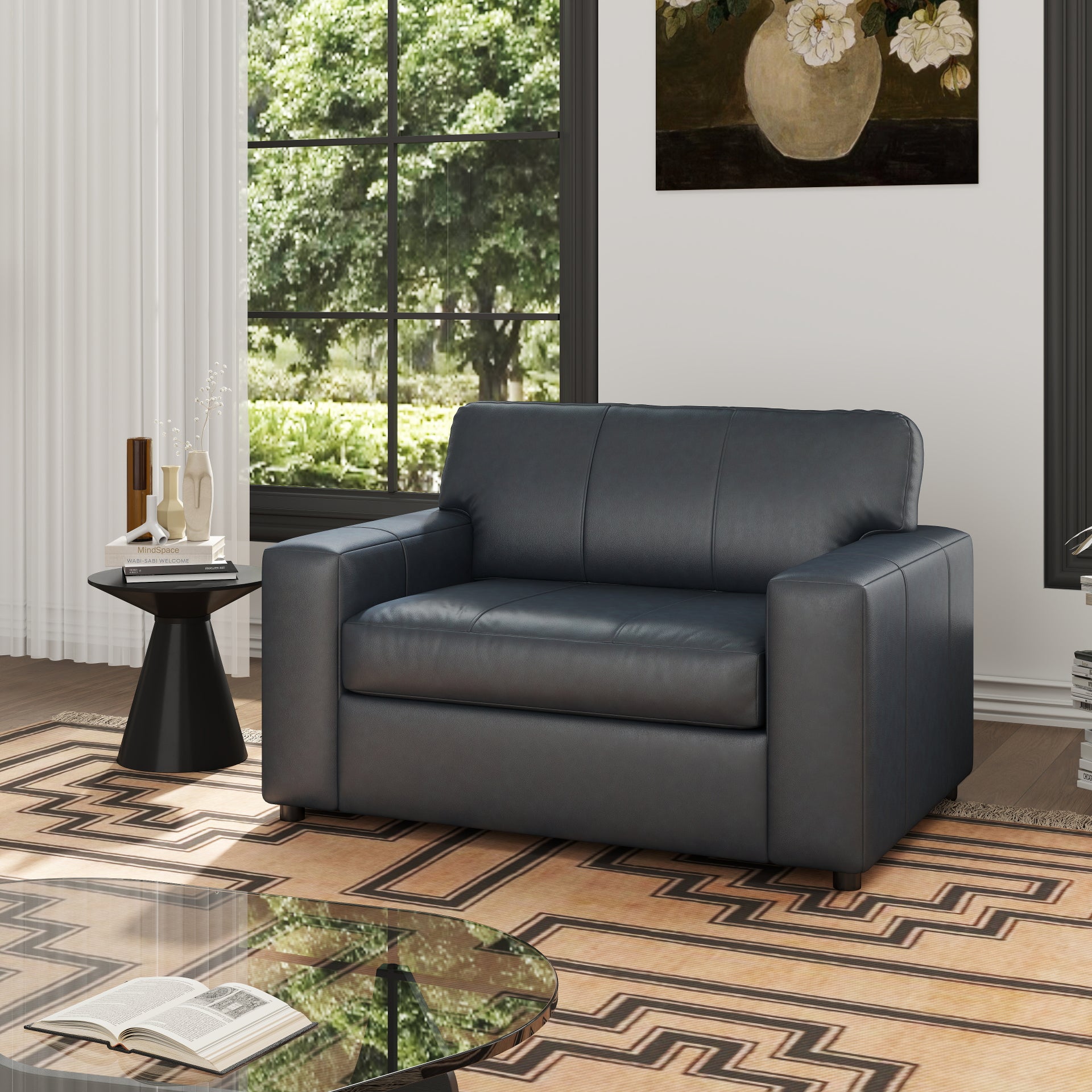Roundhill Furniture Sakan Genuine Leather Upholstered Cutler Lounge Chair - Modern Living Room Accent Chair for Home Office & Reading Nook