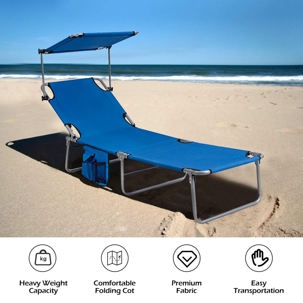 Giantex Adjustable Tanning Chair with Canopy & Storage - 5-Position Patio Chaise Lounge, Foldable Beach Chair for Poolside, Lawn, Camping & Outdoor Sunbathing (Navy, 2-Pack) - Perfect for Backyard Relaxation, Vacation Getaways & Beach Trips