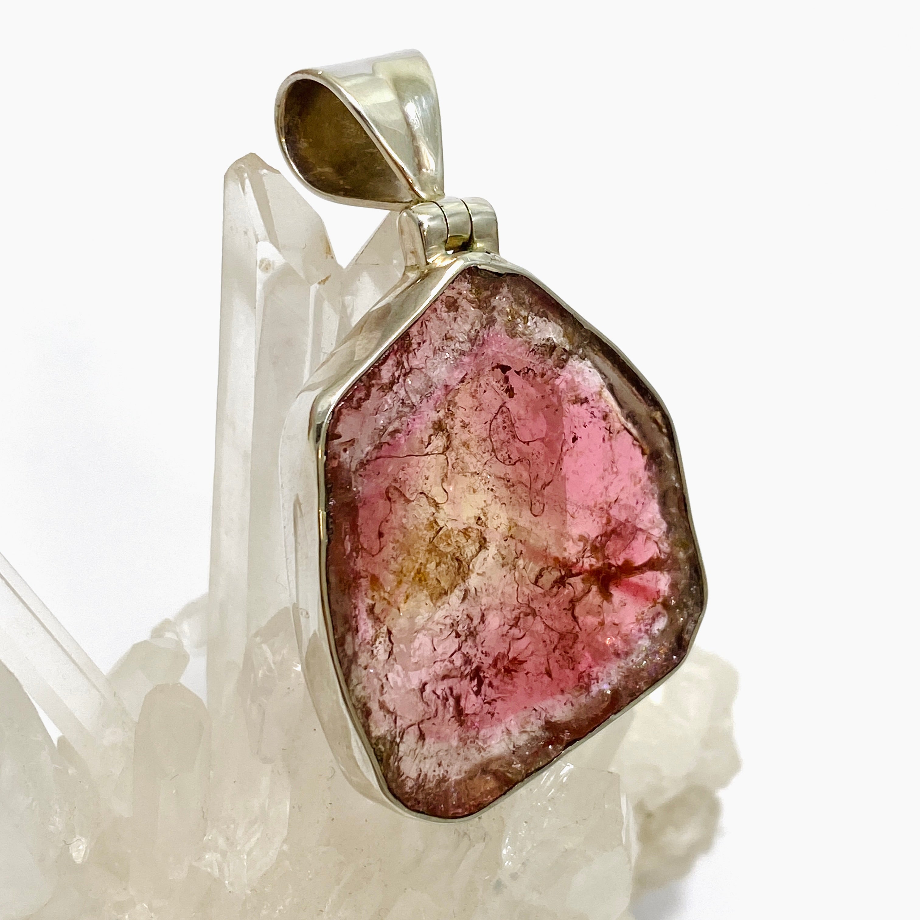 Natural Pink and Gold Tourmaline Gemstone Large Slice Pendant Necklace - GPJ02 for Women, Boho Jewelry, Gift for Her, Perfect for Parties and Special Occasions