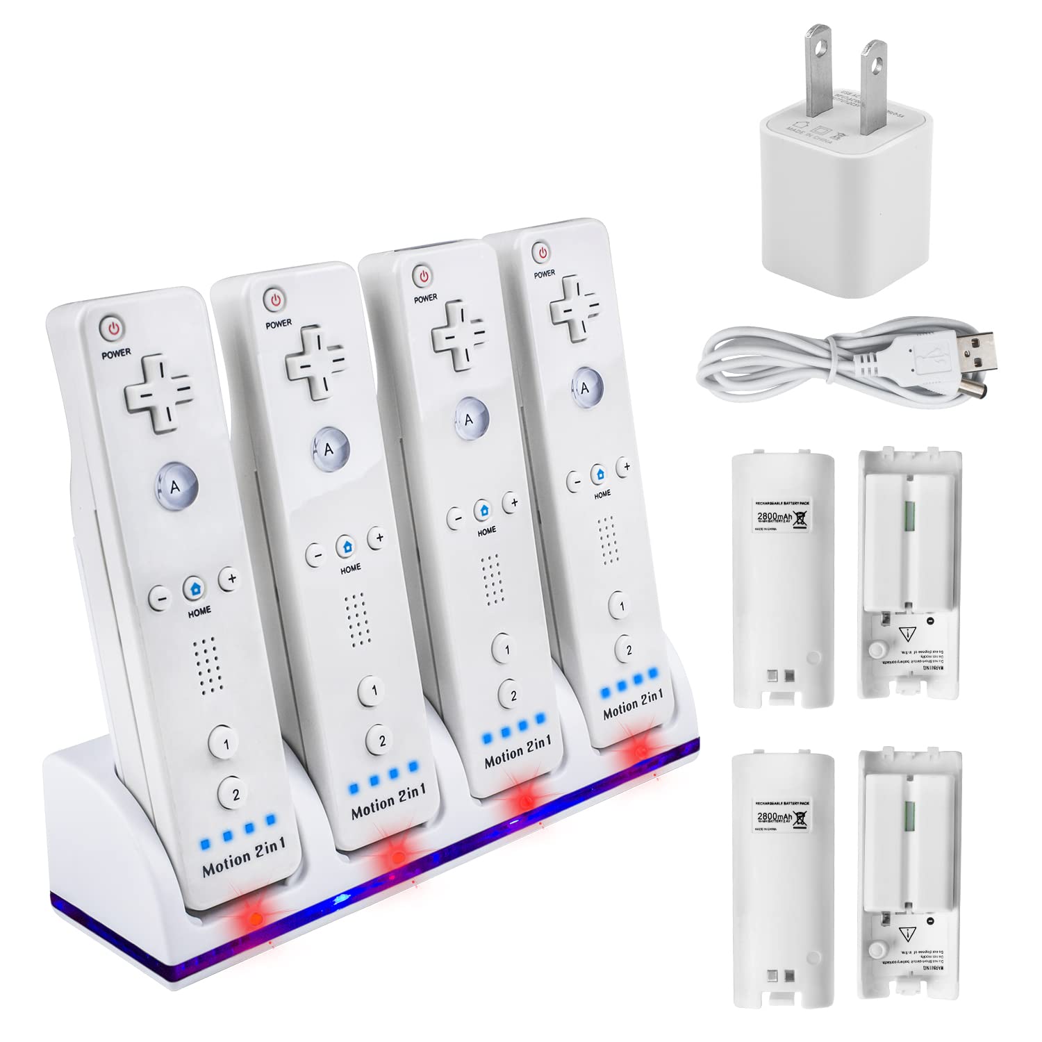 Upgraded Wii Remote Controller 4-Port Charging Station with 4 Rechargeable Batteries, USB Cable & Wall Adapter - Fast Charging Dock for Nintendo Wii/Wii U Gaming Accessories - Perfect for Family Game Nights & Multiplayer Sessions