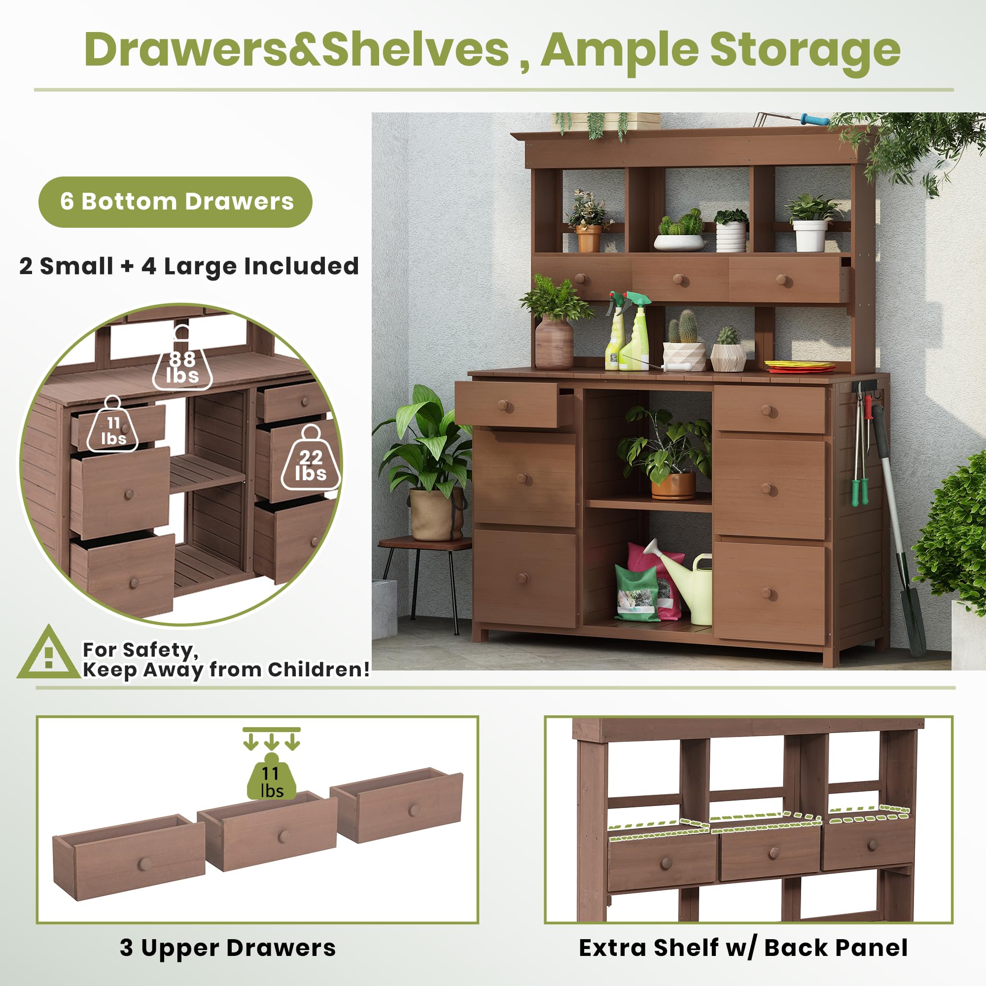 P PURLOVE Rustic Wood Potting Bench with Storage Drawers & Shelves - Outdoor Garden Work Table for Planting, Organizing Tools - Perfect for Backyard, Patio & Greenhouse Use