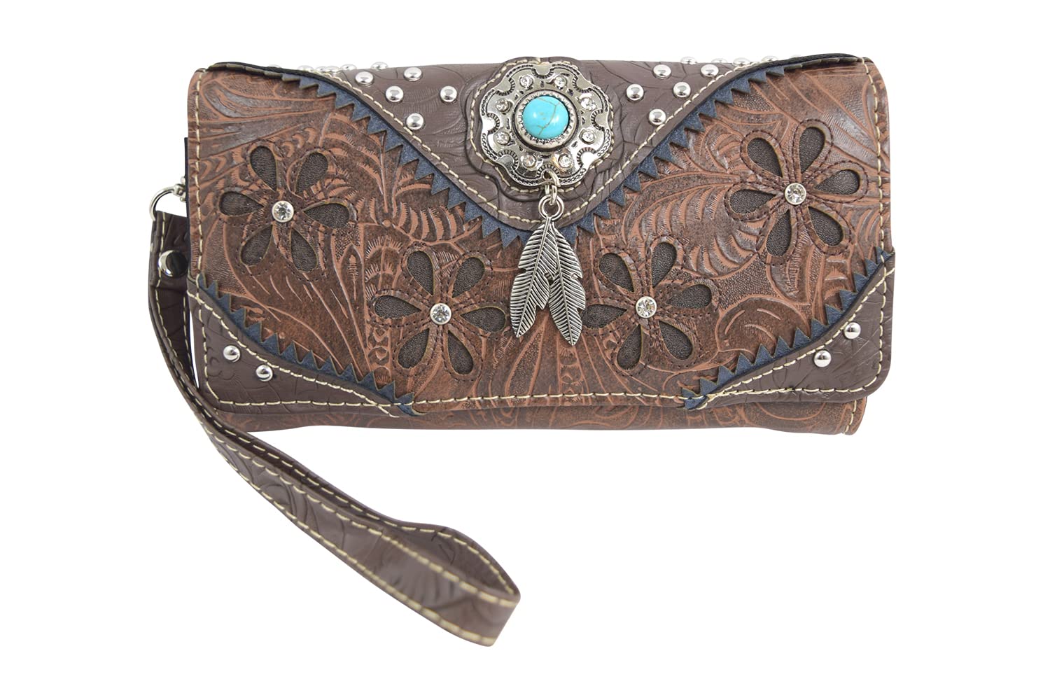 Western Style Faux Leather Women's Crossbody Wallet with Concho Flower Design - Compact Trifold Wristlet Purse for Everyday Use, Travel & Country Music Events