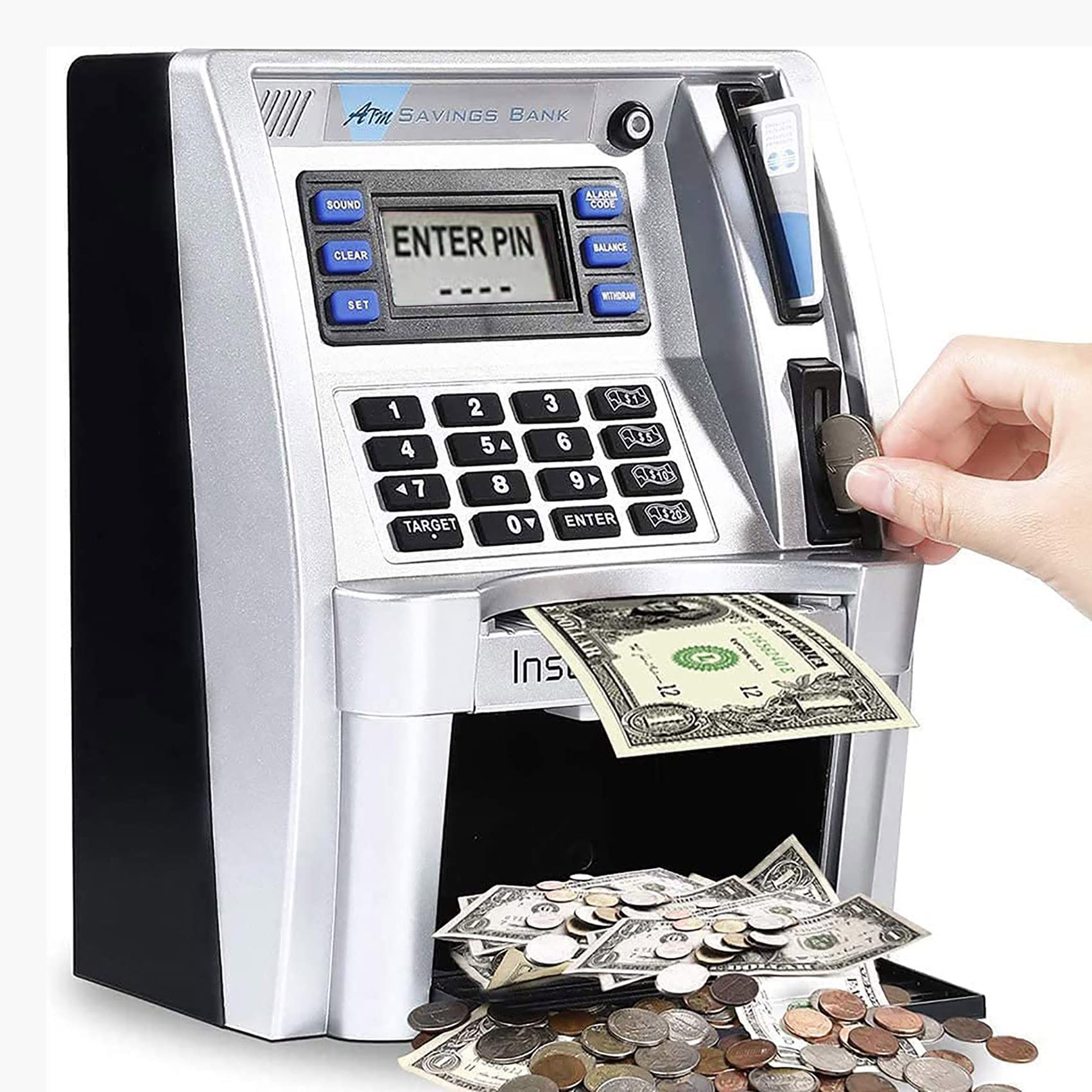Electronic ATM Piggy Bank for Kids & Adults - Password Login, Coin Recognition, Balance Calculator - Personal Money Saving Machine with Card for Boys & Girls - Silver/Black - Perfect for Financial Education & Home Savings