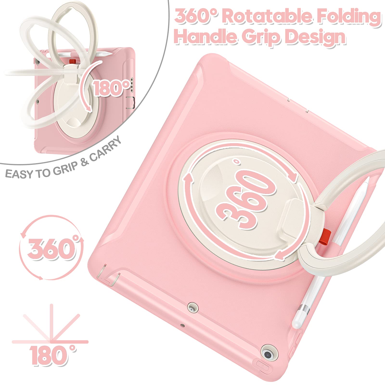 BATYUE iPad 9th/8th/7th Generation Case (10.2 inch 2021/2020/2019 Model) - Shockproof Rotating Stand Cover with Built-in Screen Protector, Apple Pencil Holder & Cap Storage - Perfect for Work, School & Travel (Cherry Pink)