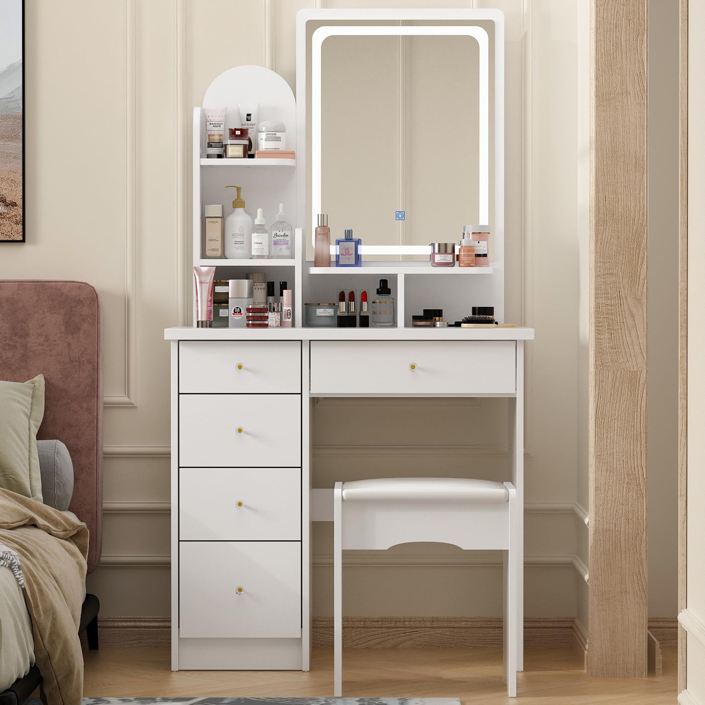 FUFU&GAGA White Vanity Set with LED Lighted Mirror - 5-Drawer Makeup Dressing Table, Storage Shelves & Cushioned Stool - Perfect for Bedroom, Dorm Room or Beauty Salon (B White/Lighted Mirror)
