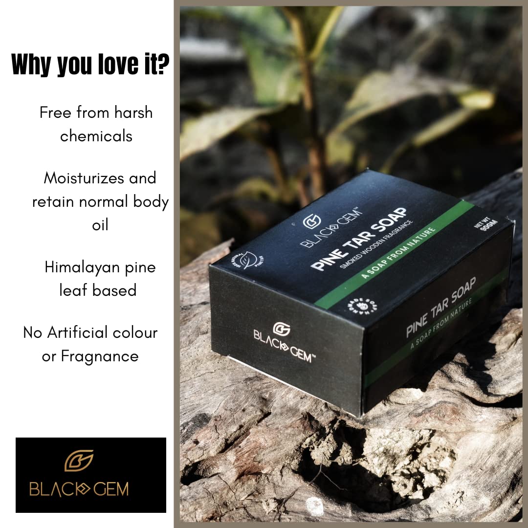 Black Gem Pine Tar Natural Organic Soap for Bath & Skin Care | Best Ayurvedic Medicated Soap with Himalayan Ingredients | Pack of 2 | Perfect for Eczema, Psoriasis & Daily Cleansing