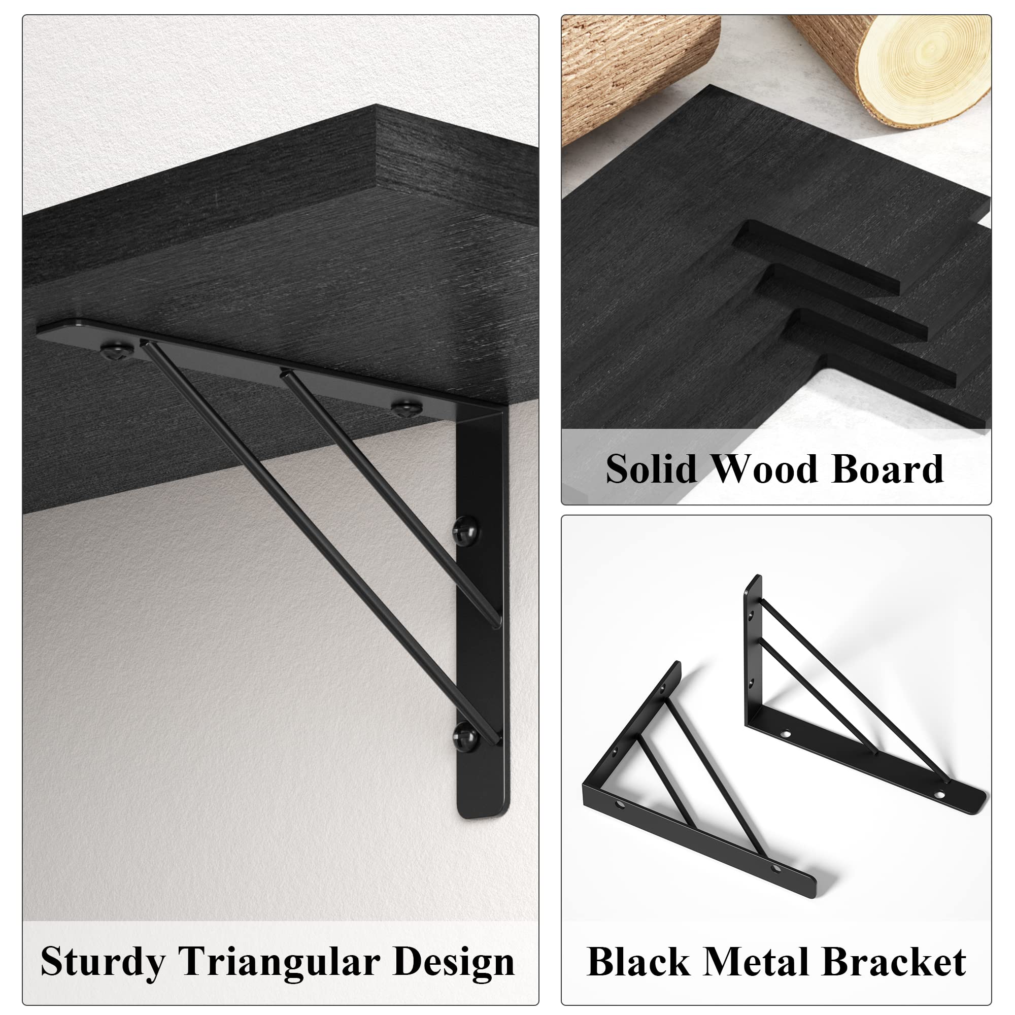 Love-KANKEI Floating Corner Shelf Set of 4 - Rustic Wall Mounted Storage Shelves for Bathroom, Kitchen, Bedroom & Living Room - Black Wooden Display Shelves for Home Decor & Organization