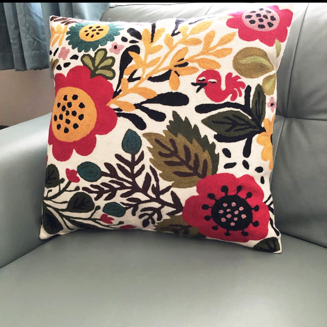 Hand Embroidered Wool Floral Pillow Cover 18x18 Inch - Red Polish Suzani Bird Flower Cushion for Farmhouse Decor, Outdoor Throw Pillow, Chair & Sofa Accent - Perfect for Living Room, Bedroom & Patio