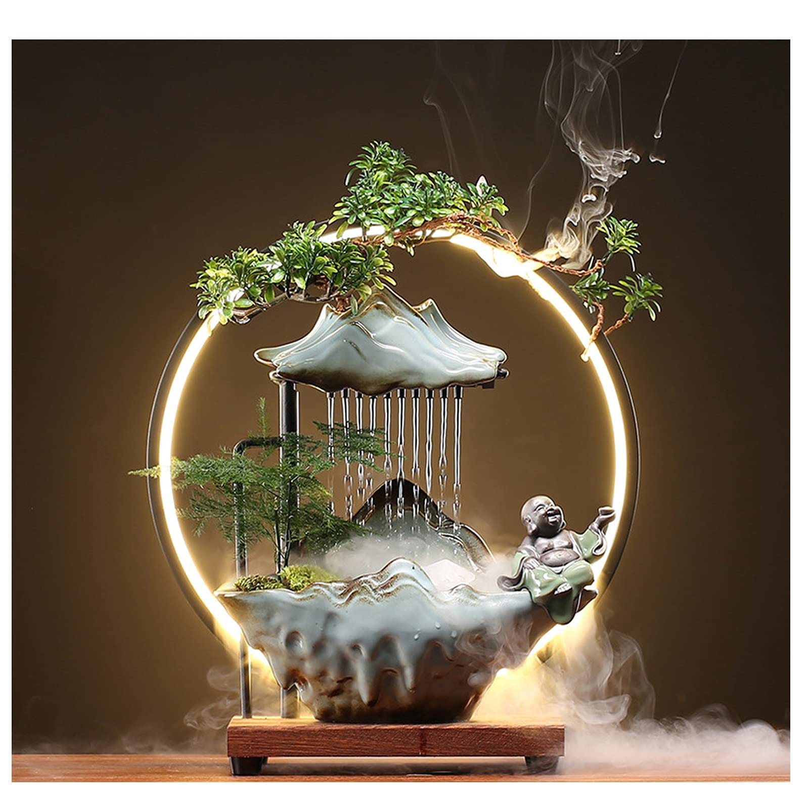 Ceramic Buddha Water Fountain with LED Lights - Indoor Waterfall Decor with 2 Buddha Statues, Mist & Backflow Incense Holder | Feng Shui Home Decor for Stress Relief, Wealth & Zen Meditation | Perfect for Living Room, Office or Yoga Studio
