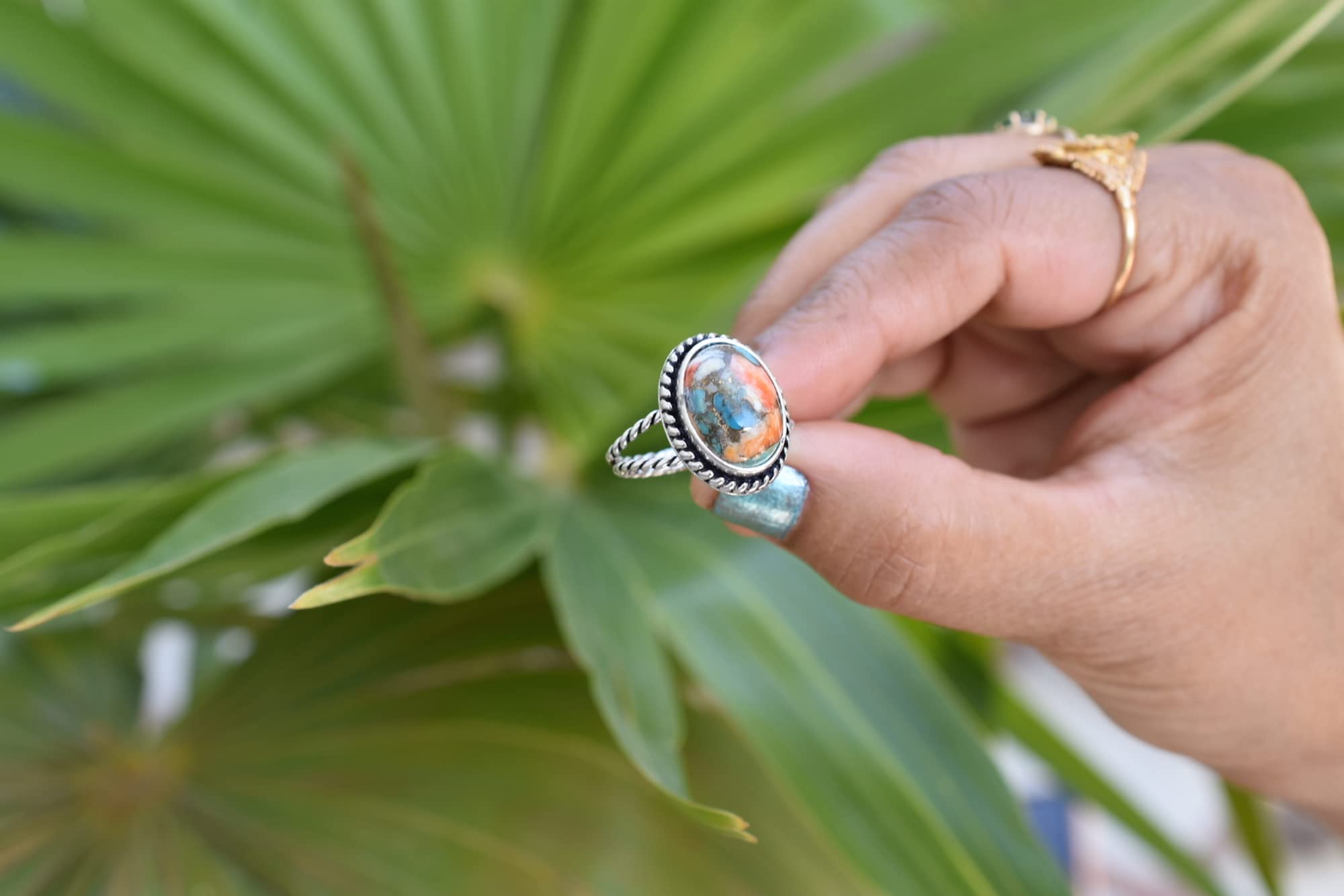 Vintage Handmade Oyster Copper Turquoise 925 Sterling Silver Ring - Boho Hippie Jewelry - Spiny Turquoise Birthstone Ring - Perfect Birthday Gift for Women - TQ-22 - Ideal for Festivals, Boho Fashion & Everyday Wear