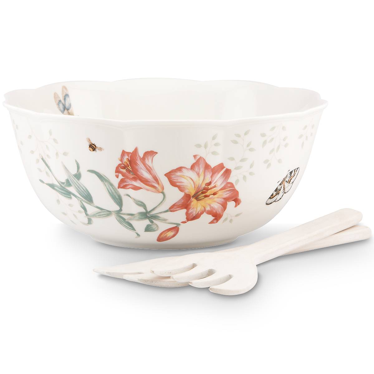 Butterfly Meadow Salad Bowl Set with Serving Utensils - Perfect for Family Dinners, Picnics & Party Entertaining